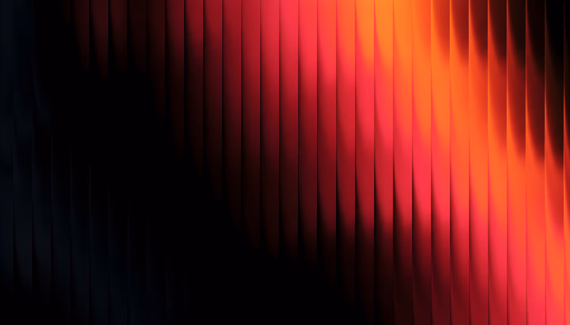 Abstract image featuring vertical, wavy lines in a gradient of deep red to bright orange on the right, fading to dark shadows on the left. Modern and dynamic.