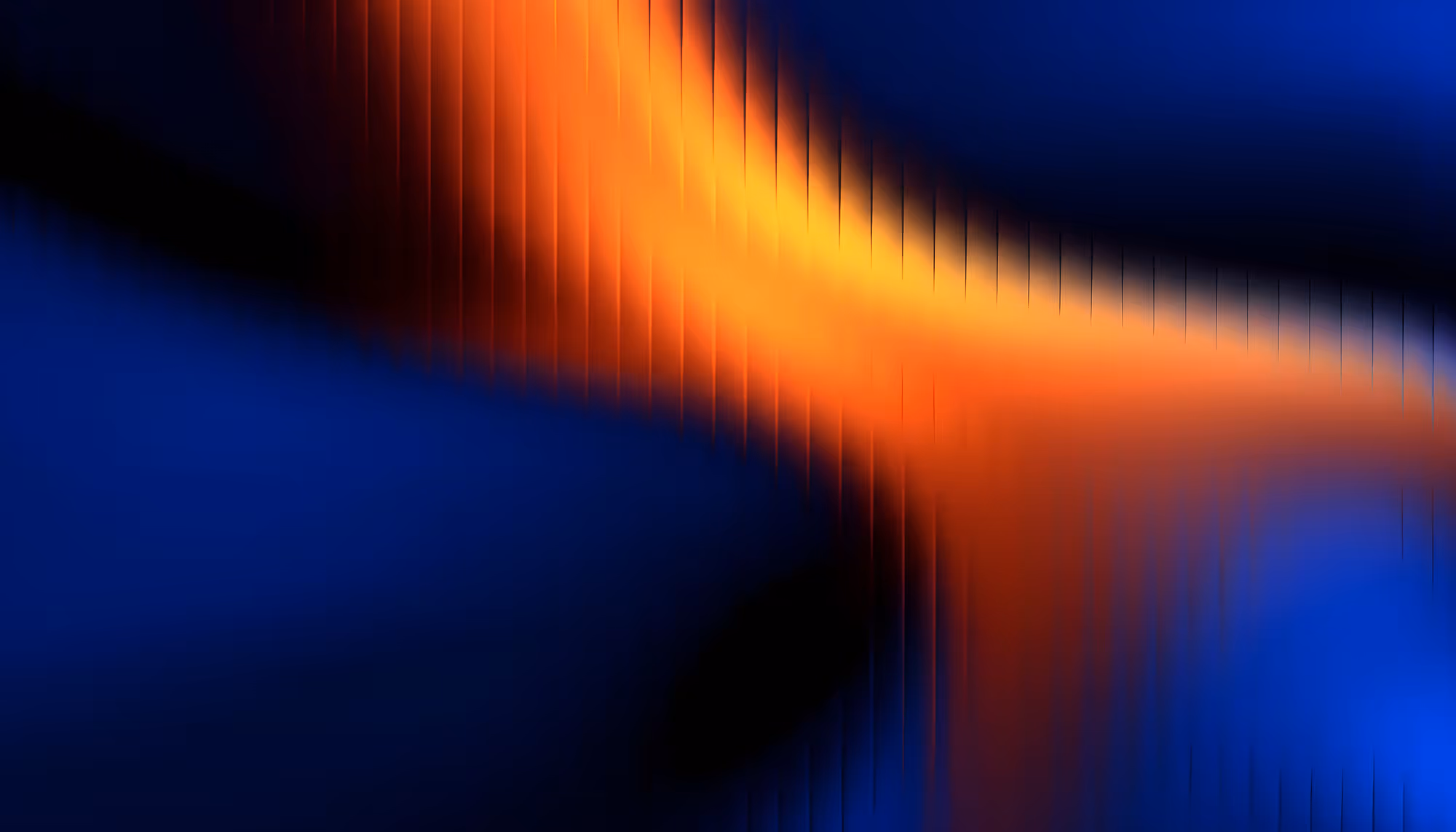 Abstract image with a vibrant, flowing orange and yellow wave against a dark blue background, creating a dynamic and energetic contrast.