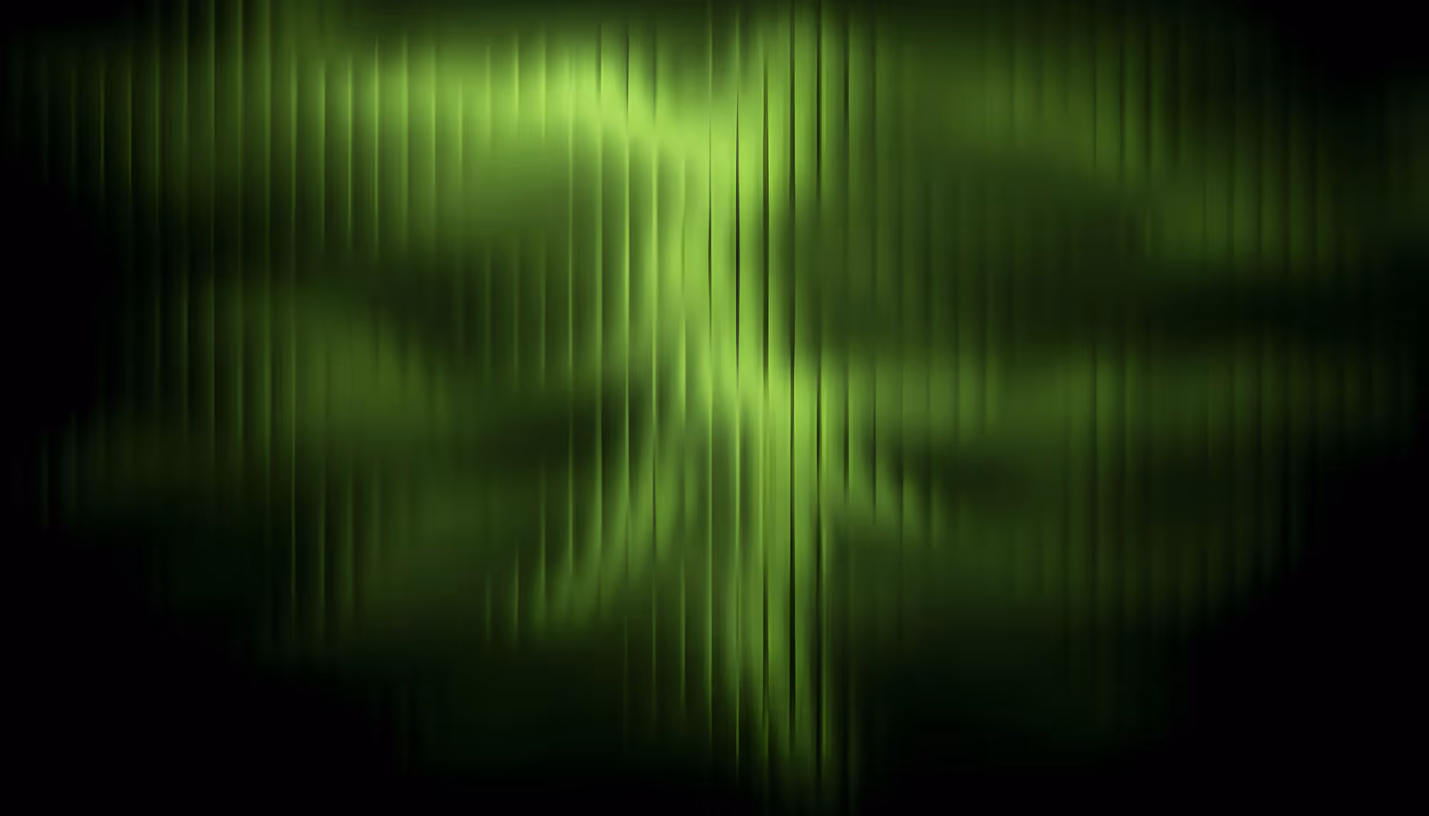 Abstract green background with vertical light streaks on a dark backdrop, creating a dynamic and luminous effect. The tone is mysterious and vibrant.