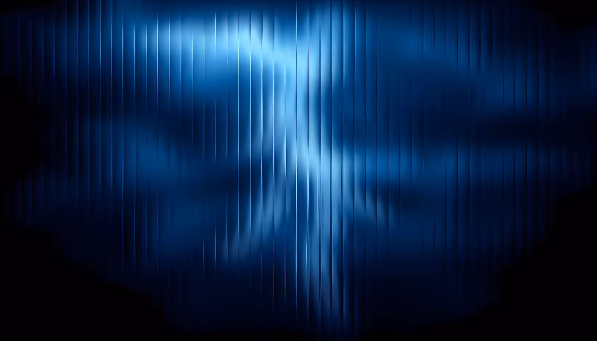Abstract image featuring vertical blue lines and wavy light patterns, creating an ethereal glow. The tone is mysterious and calming.