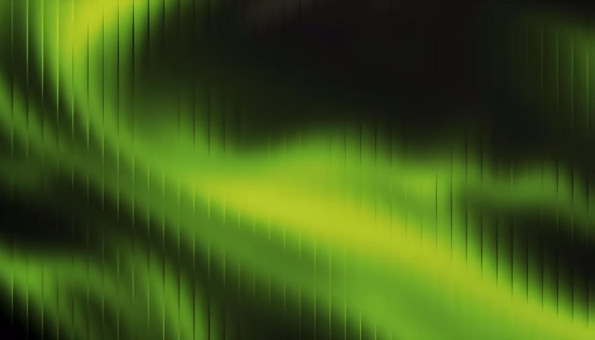 Abstract image with vibrant green waves and vertical lines on a dark background, creating a sense of motion and energy. The tones are striking and dynamic.