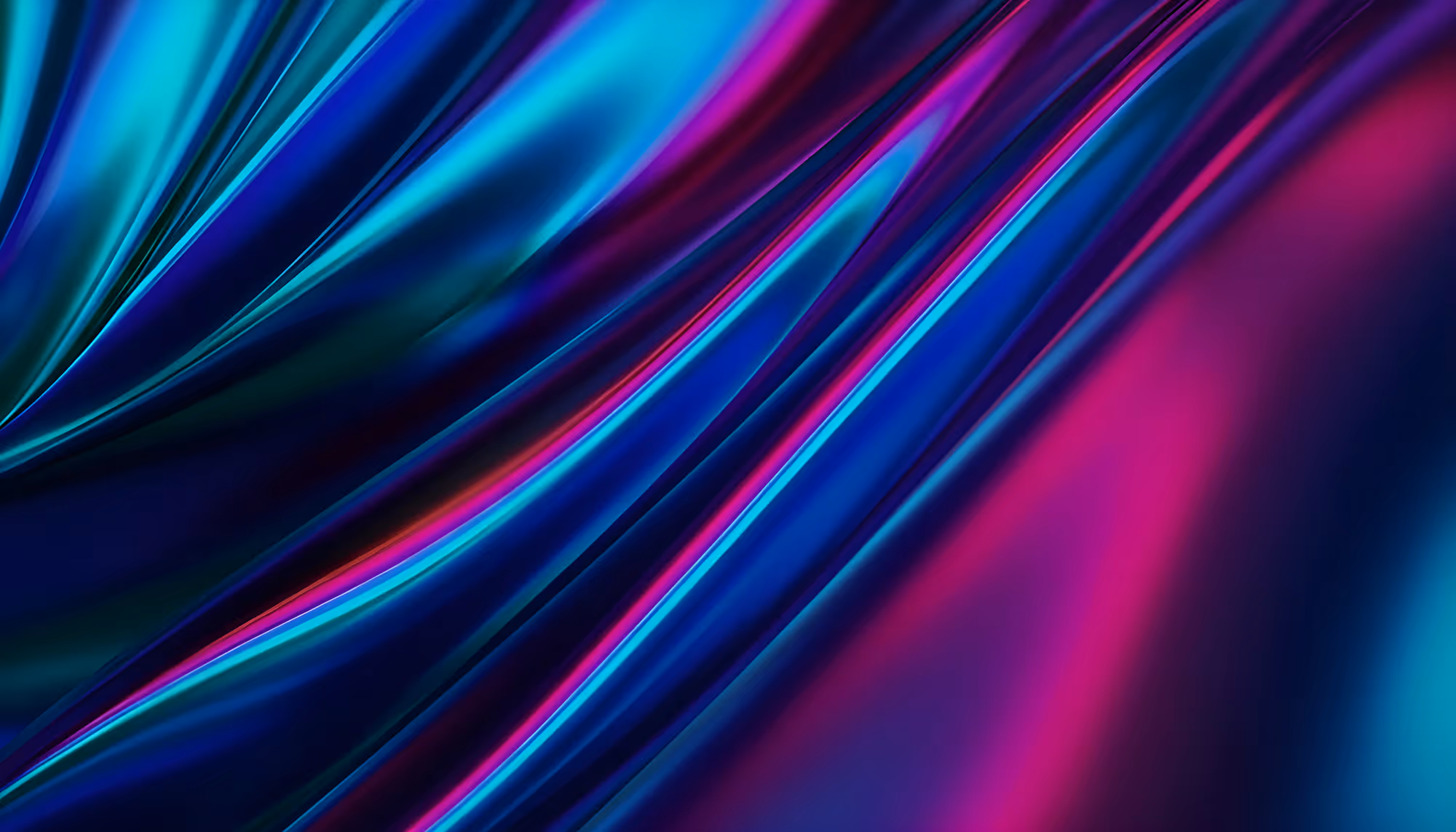 Abstract image featuring vibrant, flowing waves of blues, pinks, and purples. The smooth, glossy textures create a dynamic and futuristic feel.