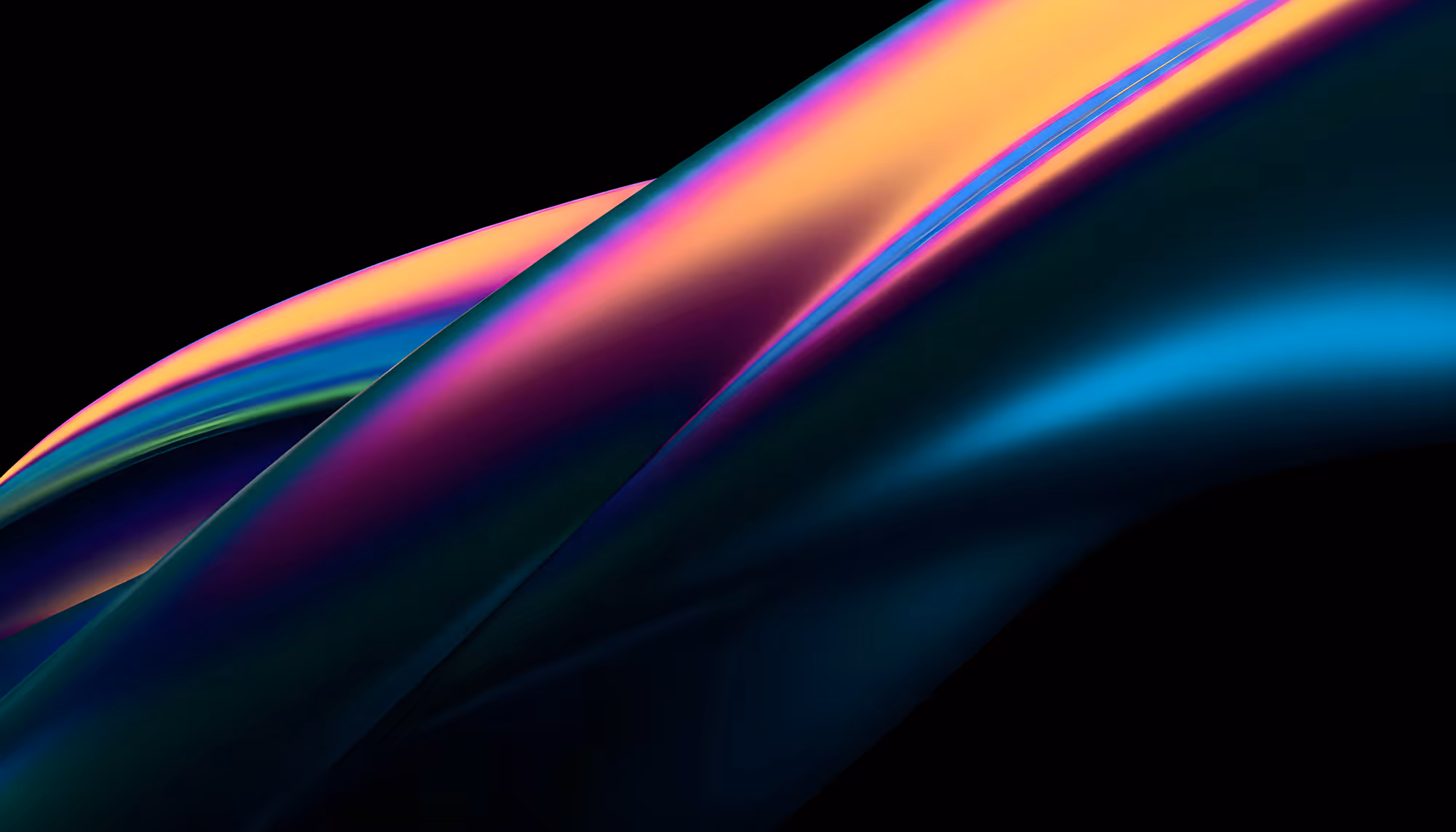 A flowing abstract wave of neon colors against a black background. Vibrant hues of blue, orange, and purple create a sense of movement and energy.