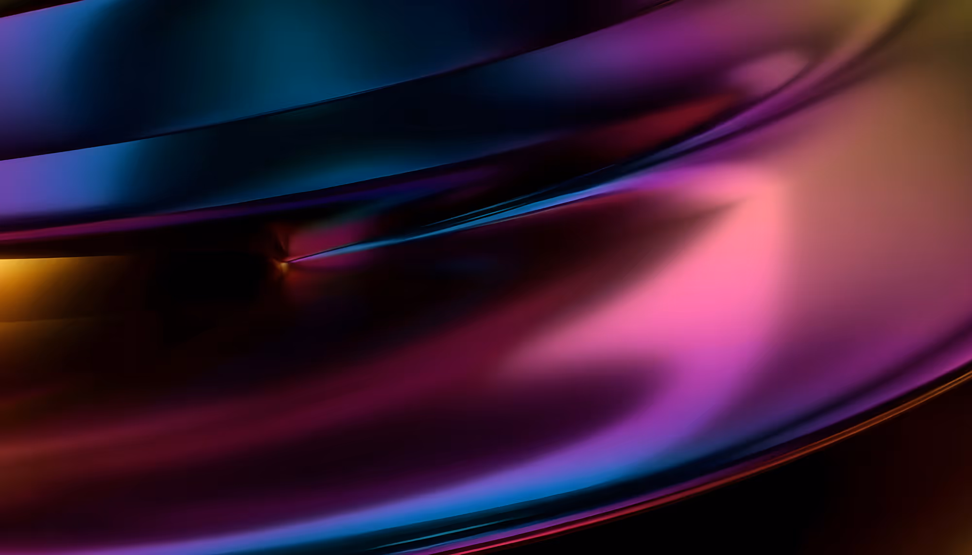 Abstract image with smooth, curved shapes in a gradient of vibrant colors: deep blue, purple, magenta, and hints of yellow. The tones are glossy and metallic, conveying a sense of elegance and mystery.