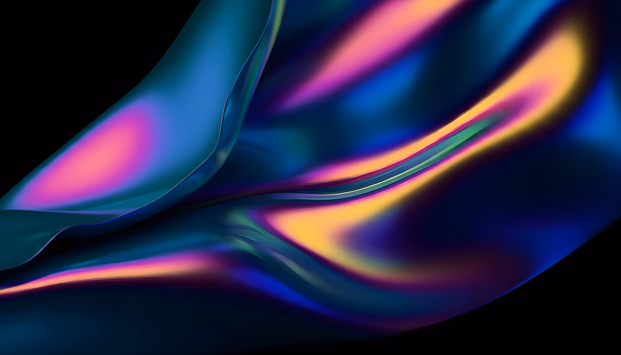 Abstract image with iridescent waves in vibrant blues, purples, and yellows. Smooth, flowing texture conveys movement and a futuristic tone.