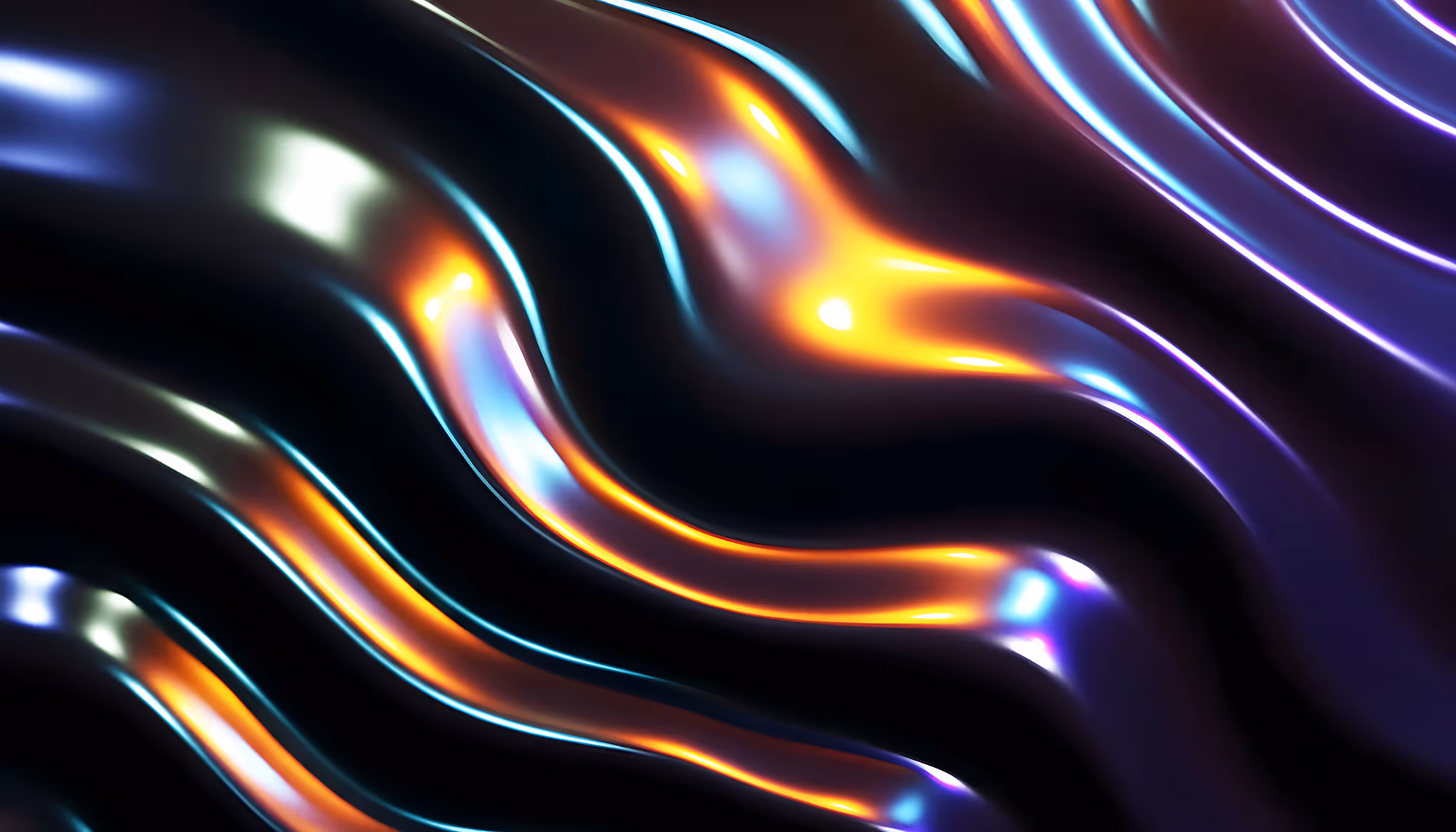 Abstract image of smooth, wavy metallic lines with hues of orange, purple, and blue, creating a reflective and futuristic appearance.