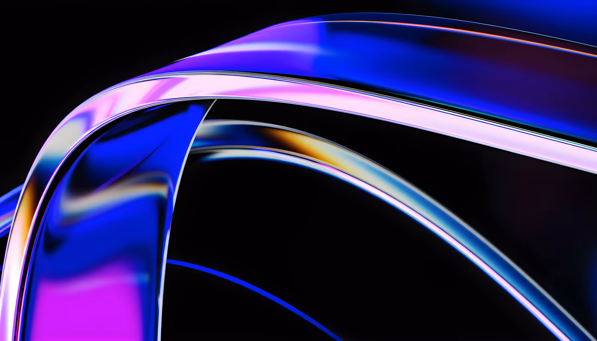 Abstract image with smooth, flowing bands of blue, pink, and violet over a black background, creating a sense of movement and modern elegance.
