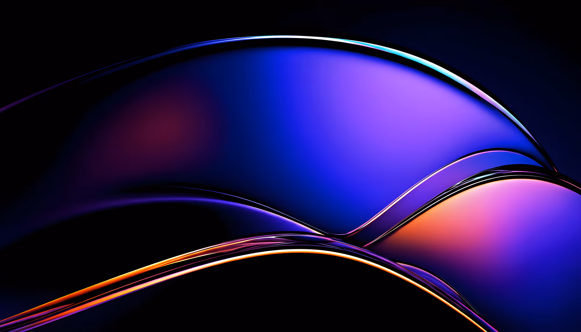 Abstract image featuring smooth, flowing curves in vibrant shades of blue, purple, and orange, set against a dark background, evoking a sense of fluidity and calm.