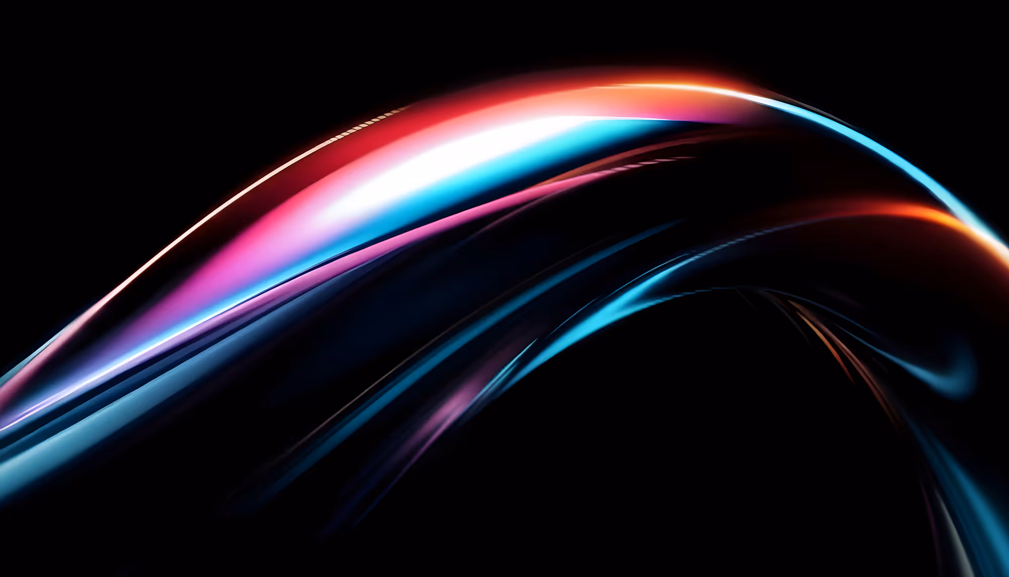 Abstract image with sleek, swirling ribbons of light in red, blue, and pink hues set against a dark background, conveying a sense of dynamic energy.