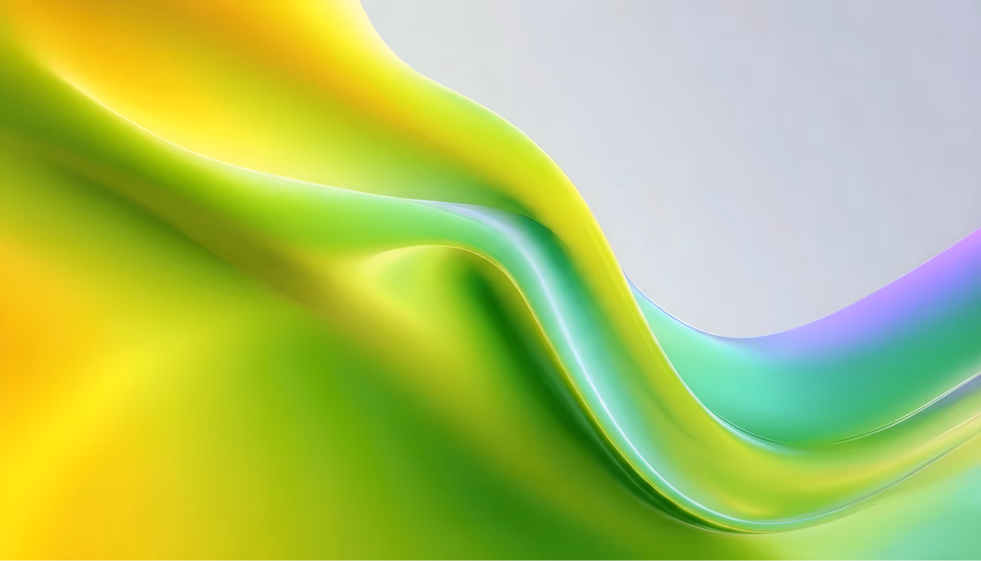 A gradient of smooth, flowing waves in vibrant green, yellow, and blue hues, creating a fluid, calming abstract landscape with a gentle, soothing tone.