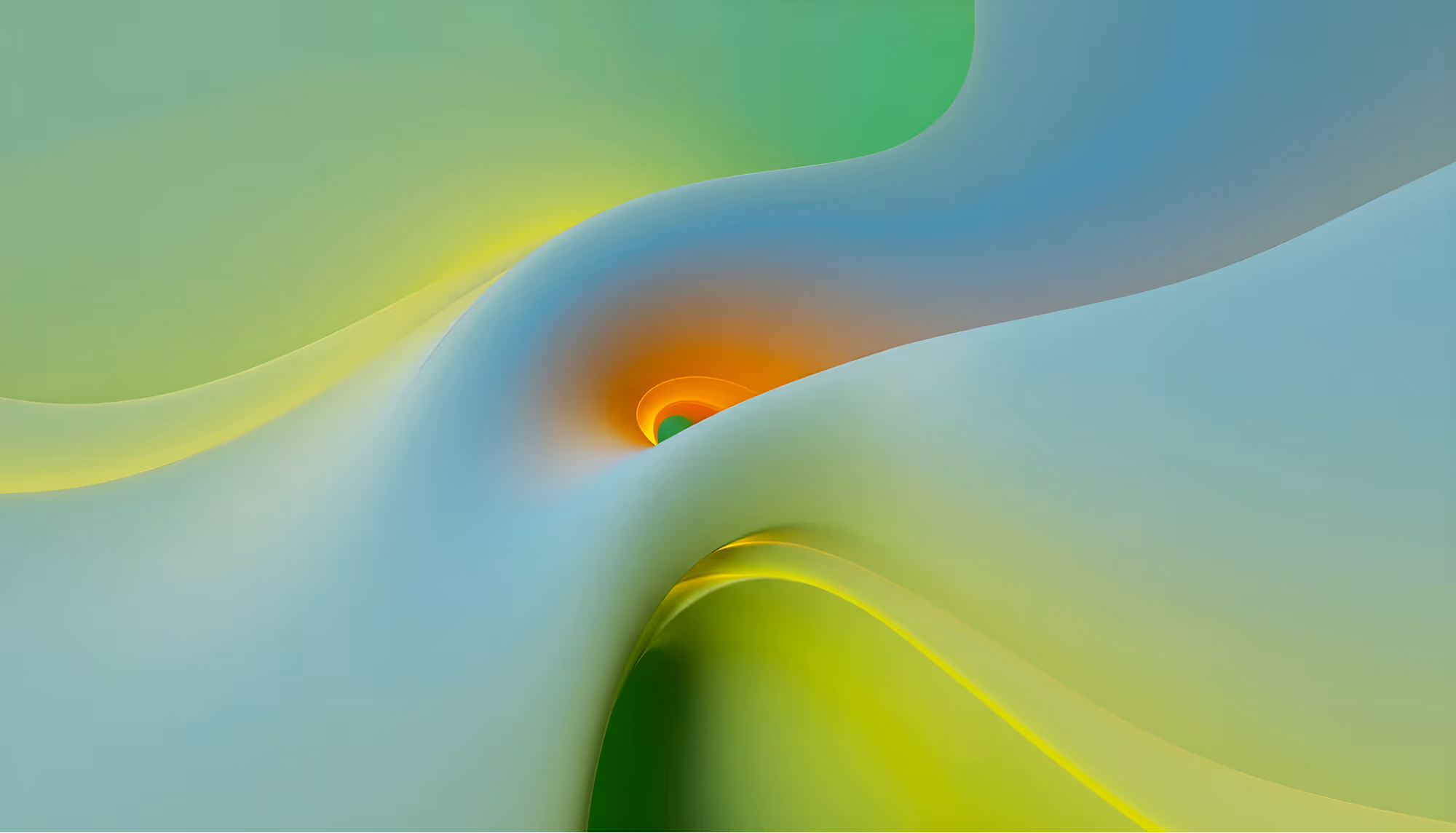 Abstract image featuring smooth, flowing shapes in soft greens, blues, and yellows, converging at a bright orange center, creating a calm, dynamic feel.