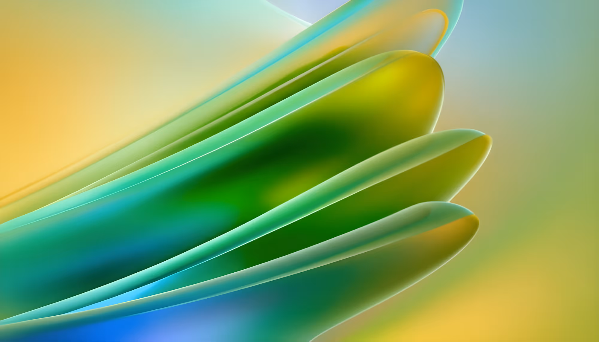 Abstract image with smooth, layered curves in shades of green, blue, and yellow, creating a serene and dynamic flow against a gradient background.