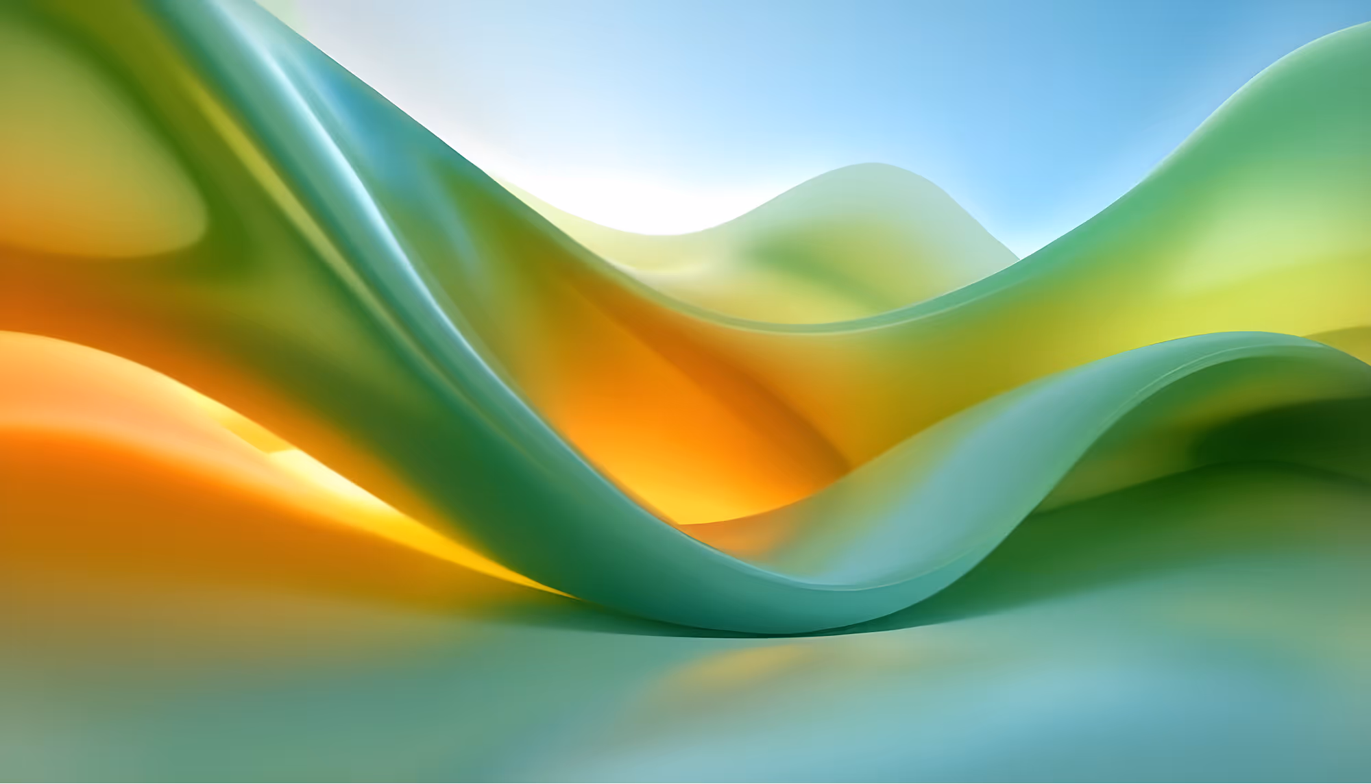 Abstract image of flowing curves in green, yellow, and blue hues. The smooth, wave-like forms create a serene and harmonious atmosphere.