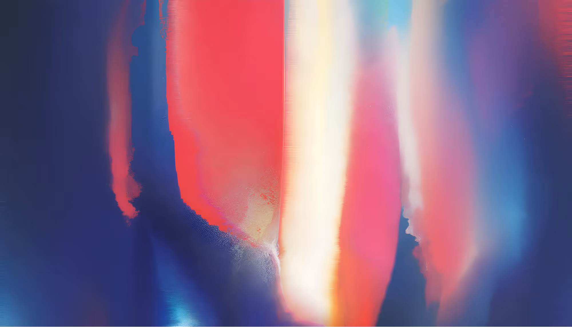 Abstract image with vibrant colors, showcasing a fusion of red, blue, and pink hues. Vertical streaks blend smoothly, creating a serene, dreamy atmosphere.