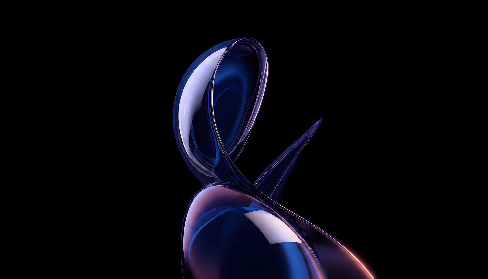 A sleek, abstract 3D form with smooth curves and glossy, dark blue and purple surfaces, set against a black background, creating a futuristic feel.
