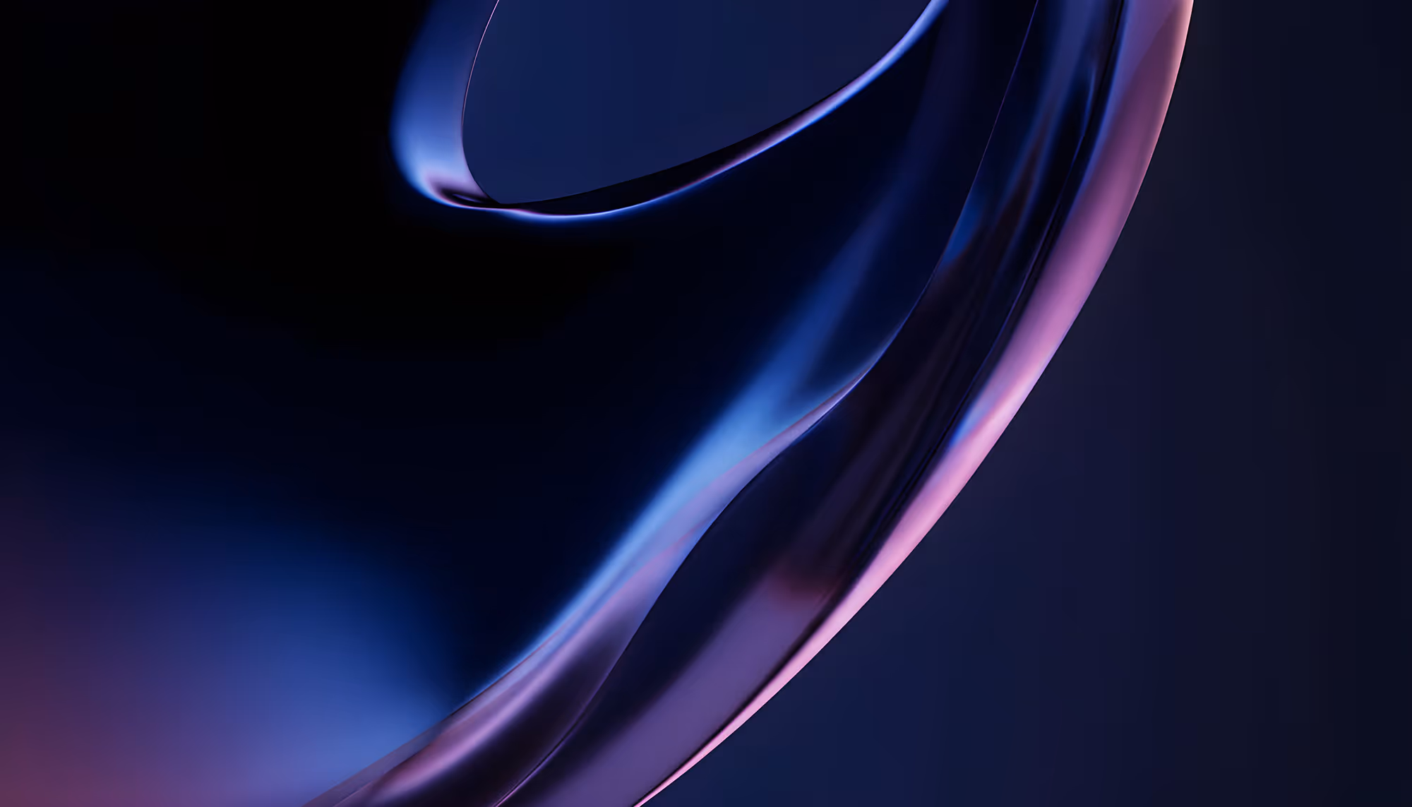 Abstract image featuring smooth, flowing curves in dark blue and purple hues. The glossy surfaces and gradients convey a futuristic, serene ambiance.