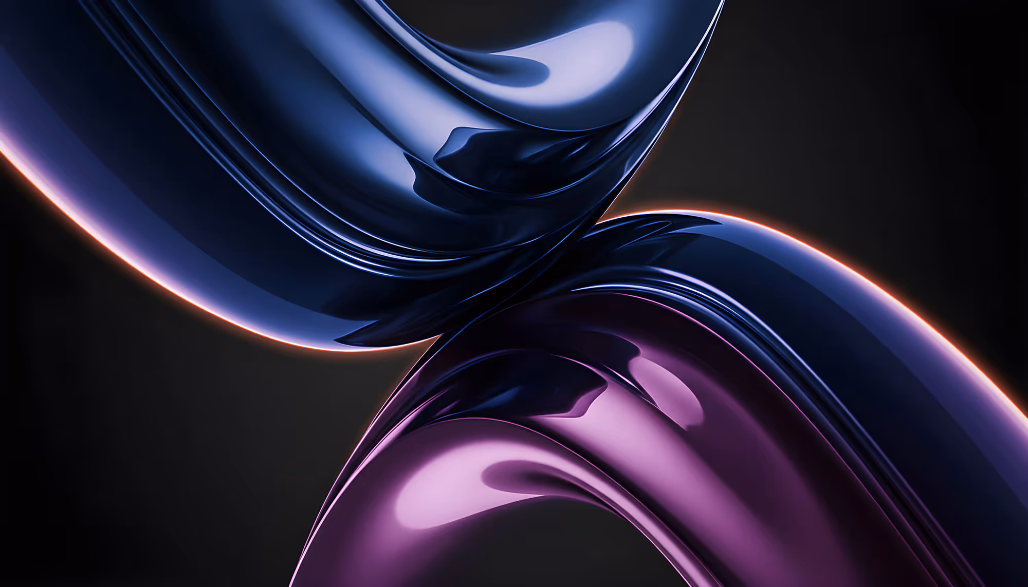 Close-up of two smooth, intertwined metallic ribbons in blue and purple tones on a dark background, reflecting light and creating a sleek, modern feel.