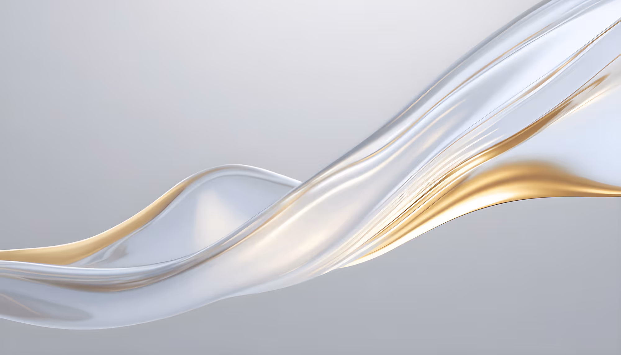 Abstract image of silver and gold flowing waves on a light gray background, creating a serene and elegant visual with smooth curves and a glossy texture.