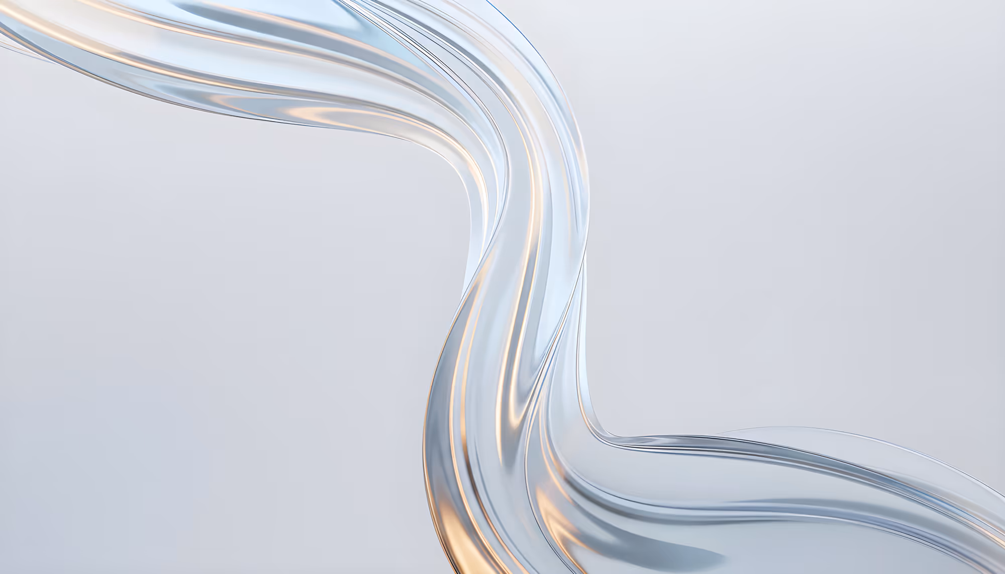 A graceful, translucent, flowing ribbon-like form swirls against a soft grey background, reflecting gentle hints of light, conveying elegance and fluidity.