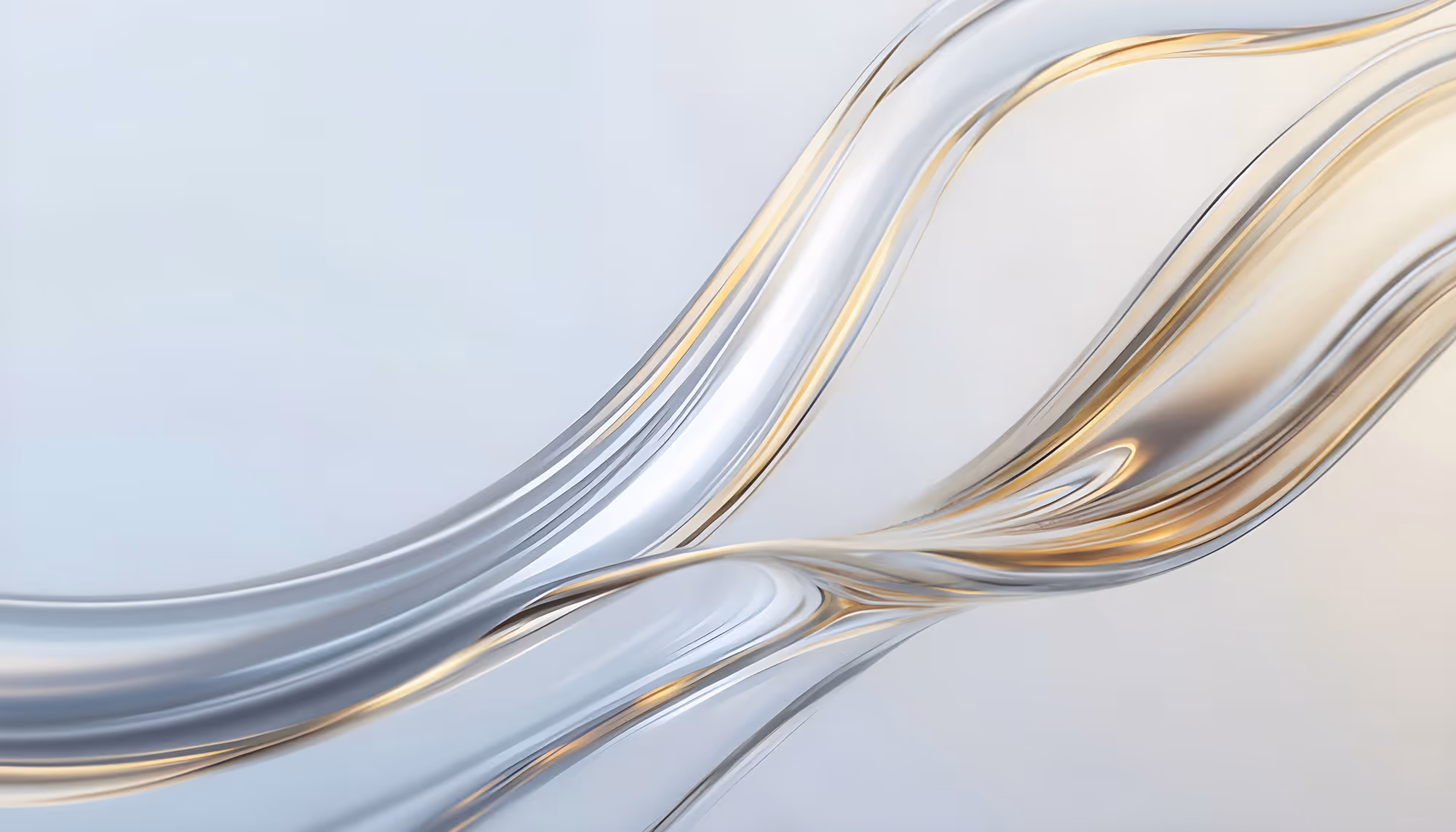 Smooth, metallic, intertwined ribbons flow gracefully against a soft gradient background, conveying fluidity and elegance with a calming tone.