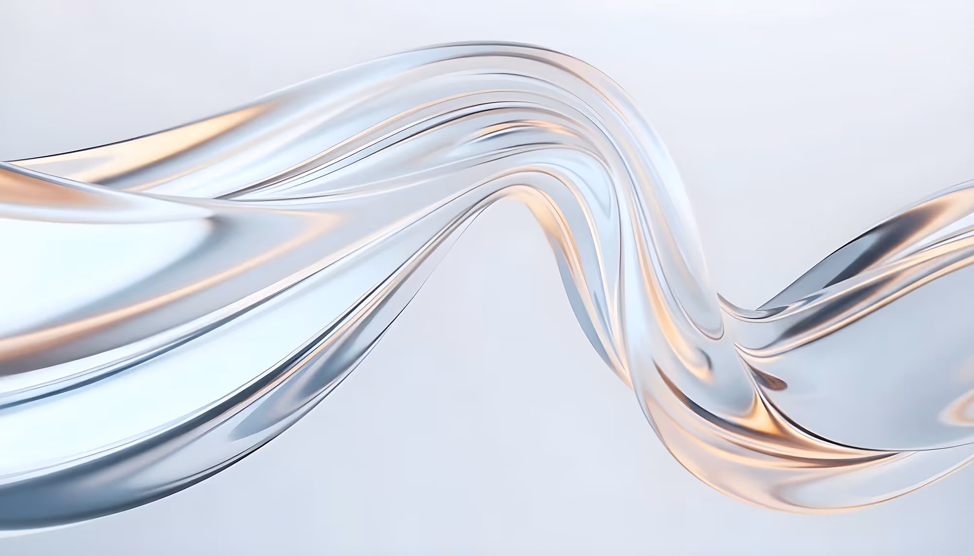 Abstract image of a fluid, metallic wave in silver and peach hues, flowing dynamically across a light gray background, conveying movement and elegance.