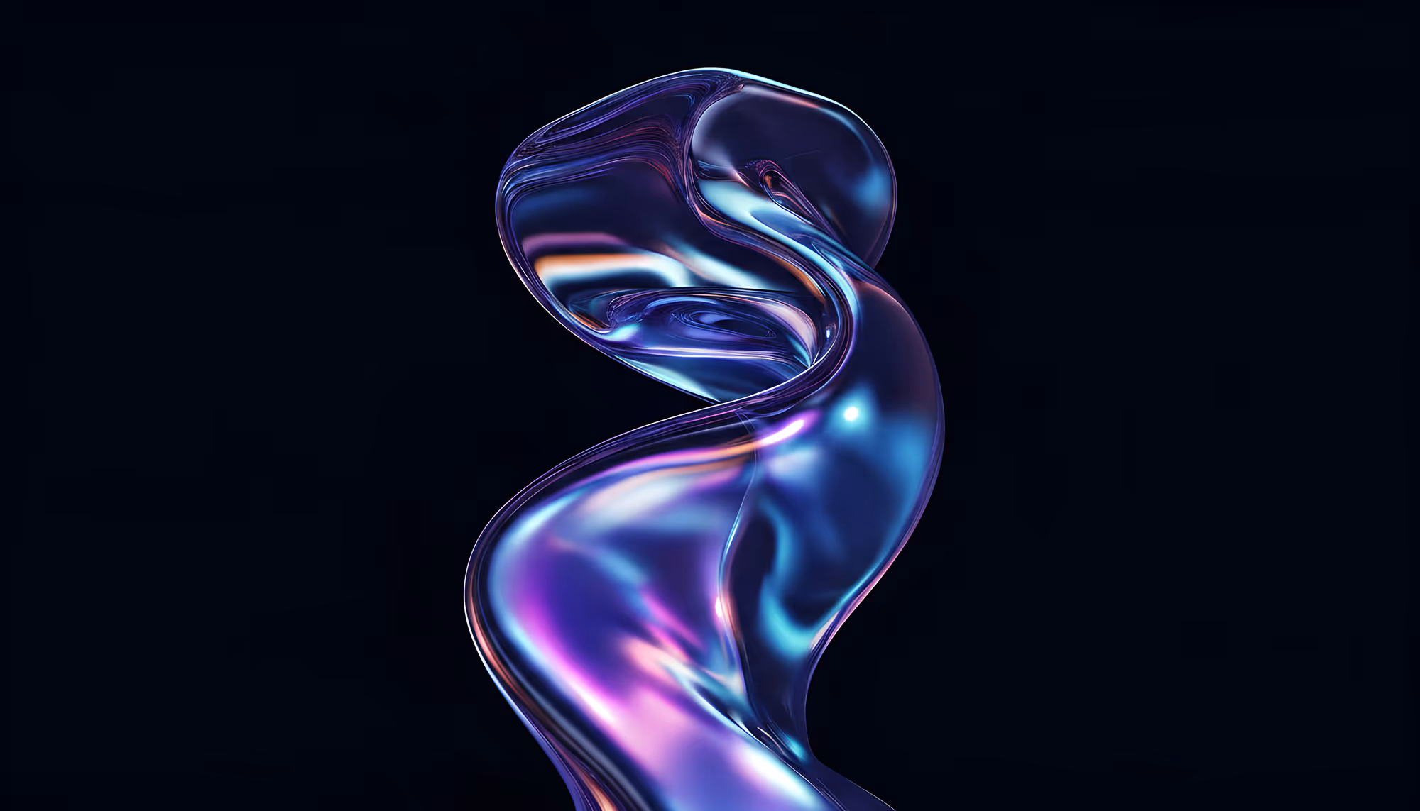A twisting, iridescent abstract shape with a fluid appearance glows in blues and purples against a dark background, evoking a sense of motion and mystery.