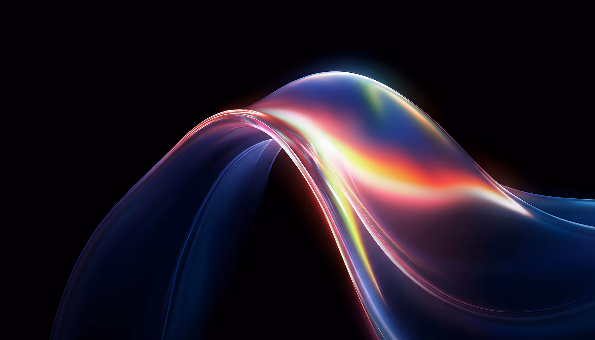A vibrant, flowing wave of colorful light arcs over a black background. The spectrum includes blues, reds, and yellows, creating a dynamic and futuristic feel.