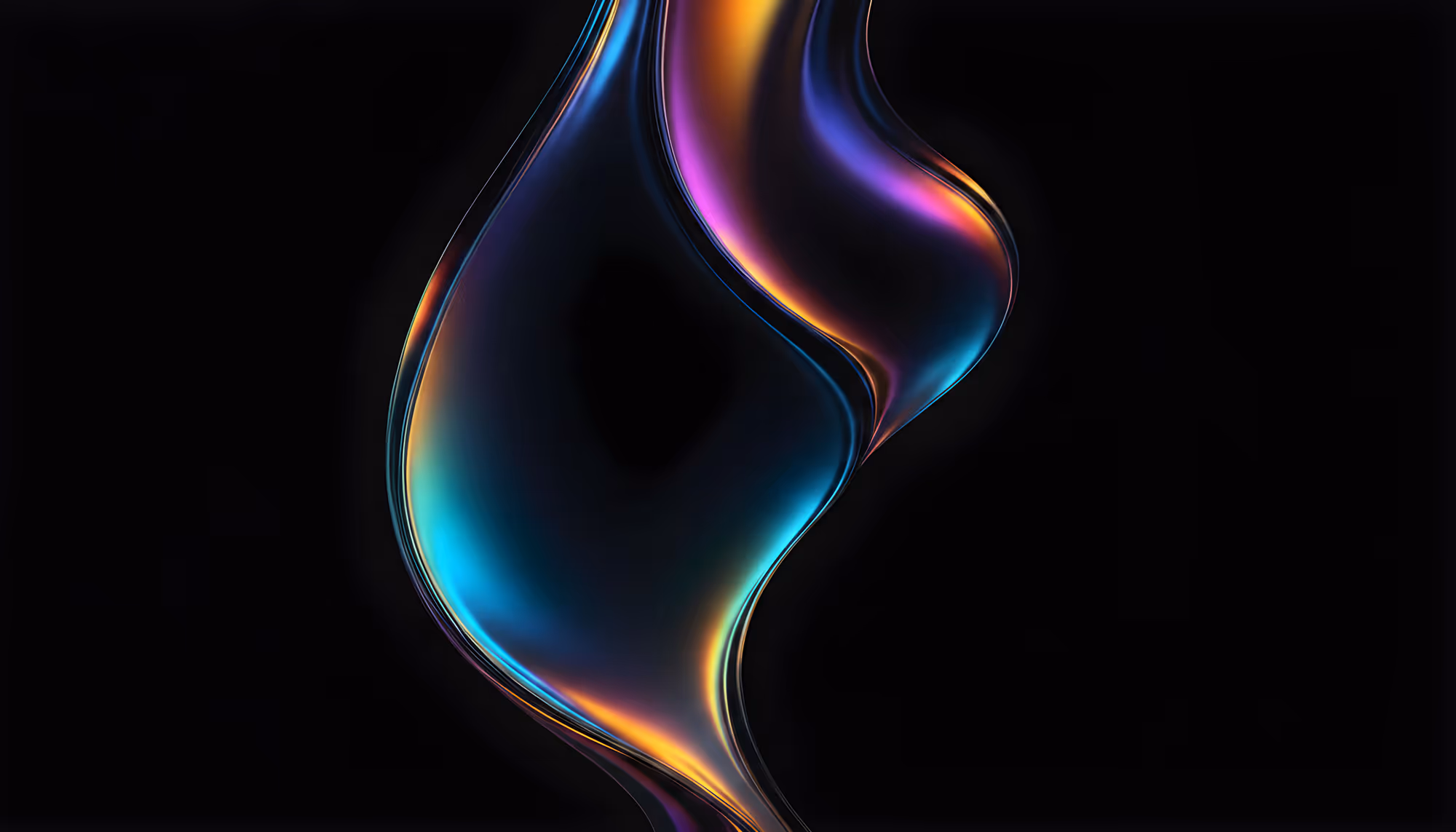 Abstract image featuring a fluid, curved shape with a gradient of vibrant colors like blue, purple, and orange on a black background, conveying elegance and motion.