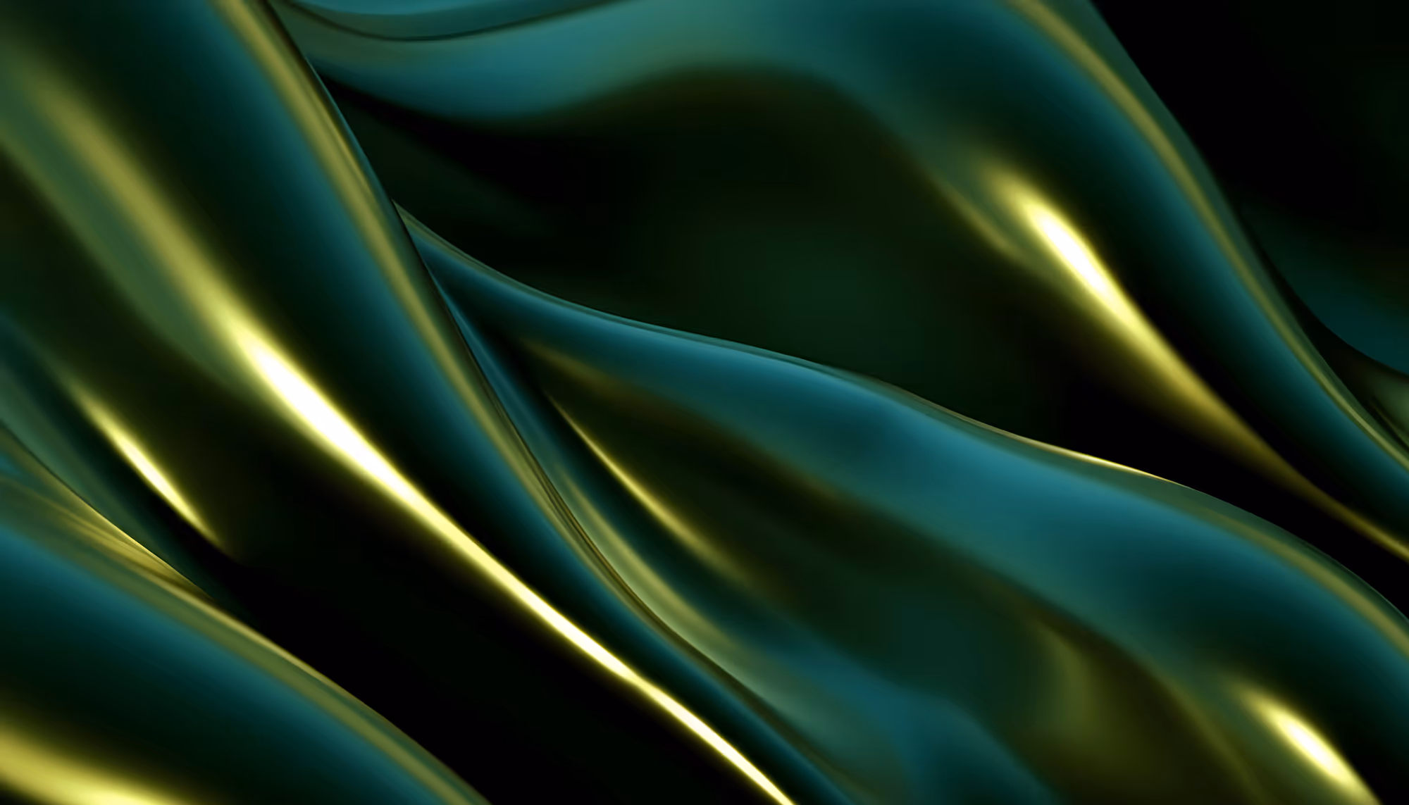 Smooth, flowing green and gold fabric-like textures create a sense of fluidity and elegance, with shimmering highlights and rich, glossy tones.