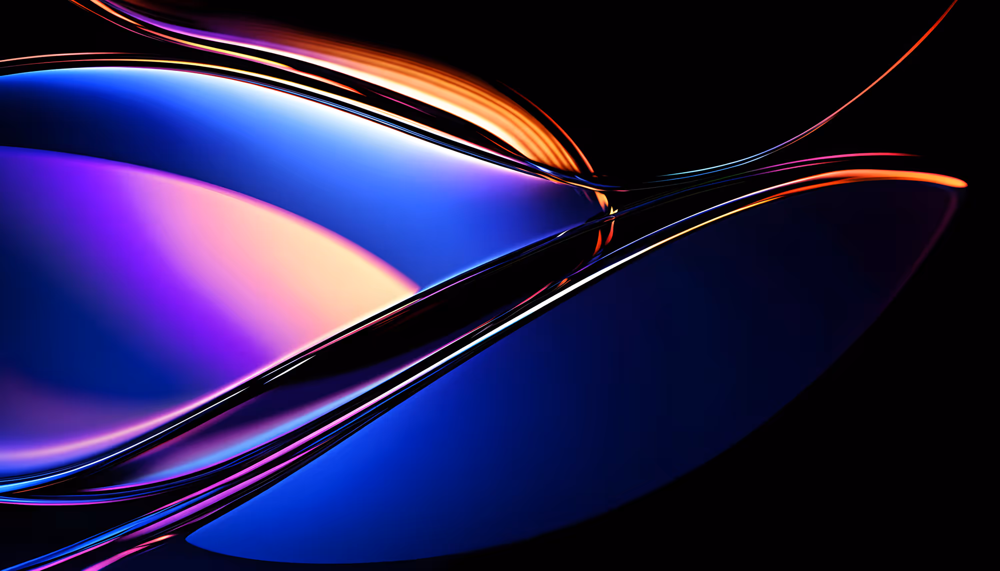 Abstract image featuring smooth, flowing shapes with vibrant blue, purple, and orange gradients on a black background, creating a dynamic, futuristic feel.
