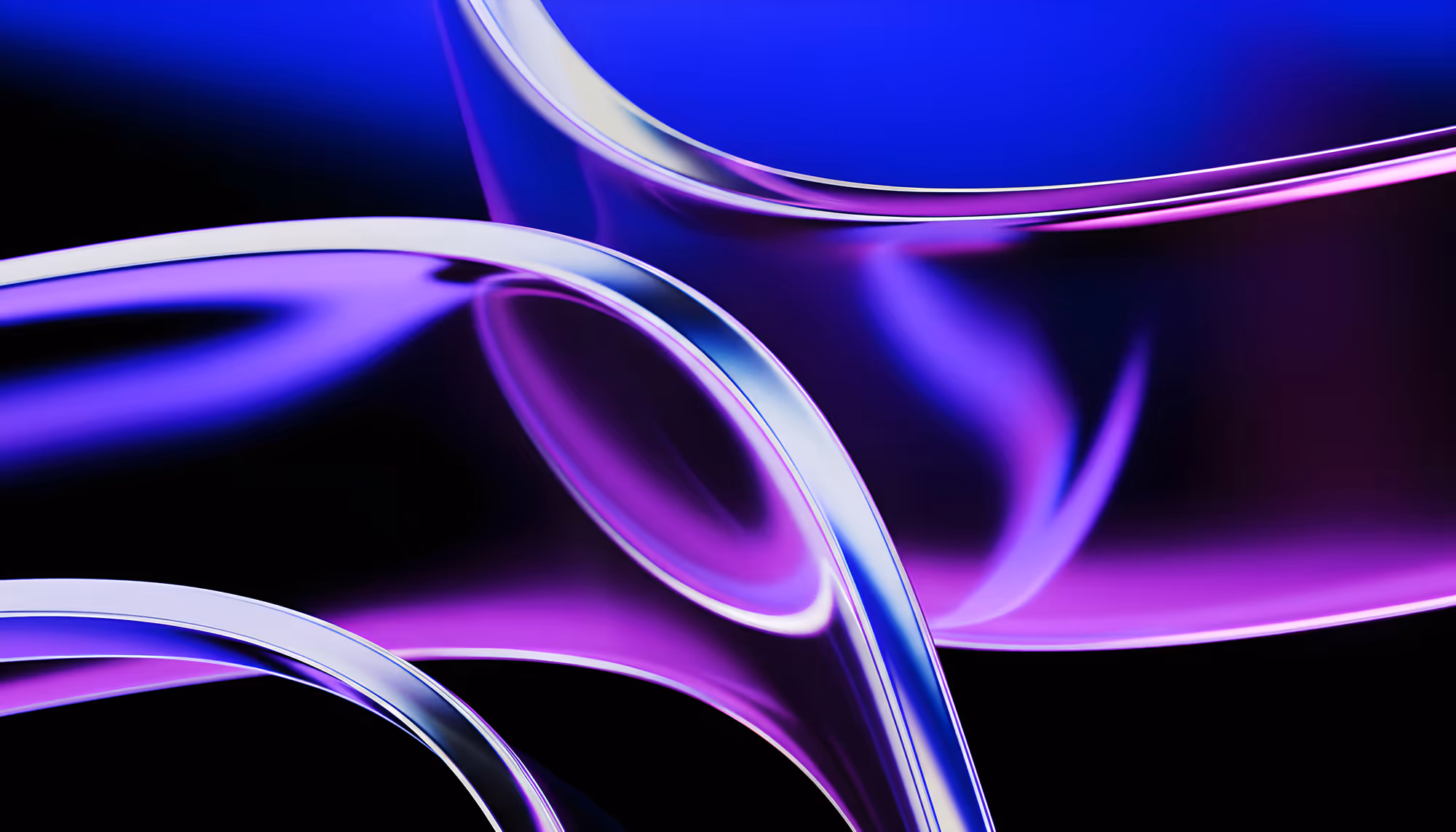 Abstract image with flowing, translucent purple and blue curves against a dark background, creating a sense of depth and fluid motion.