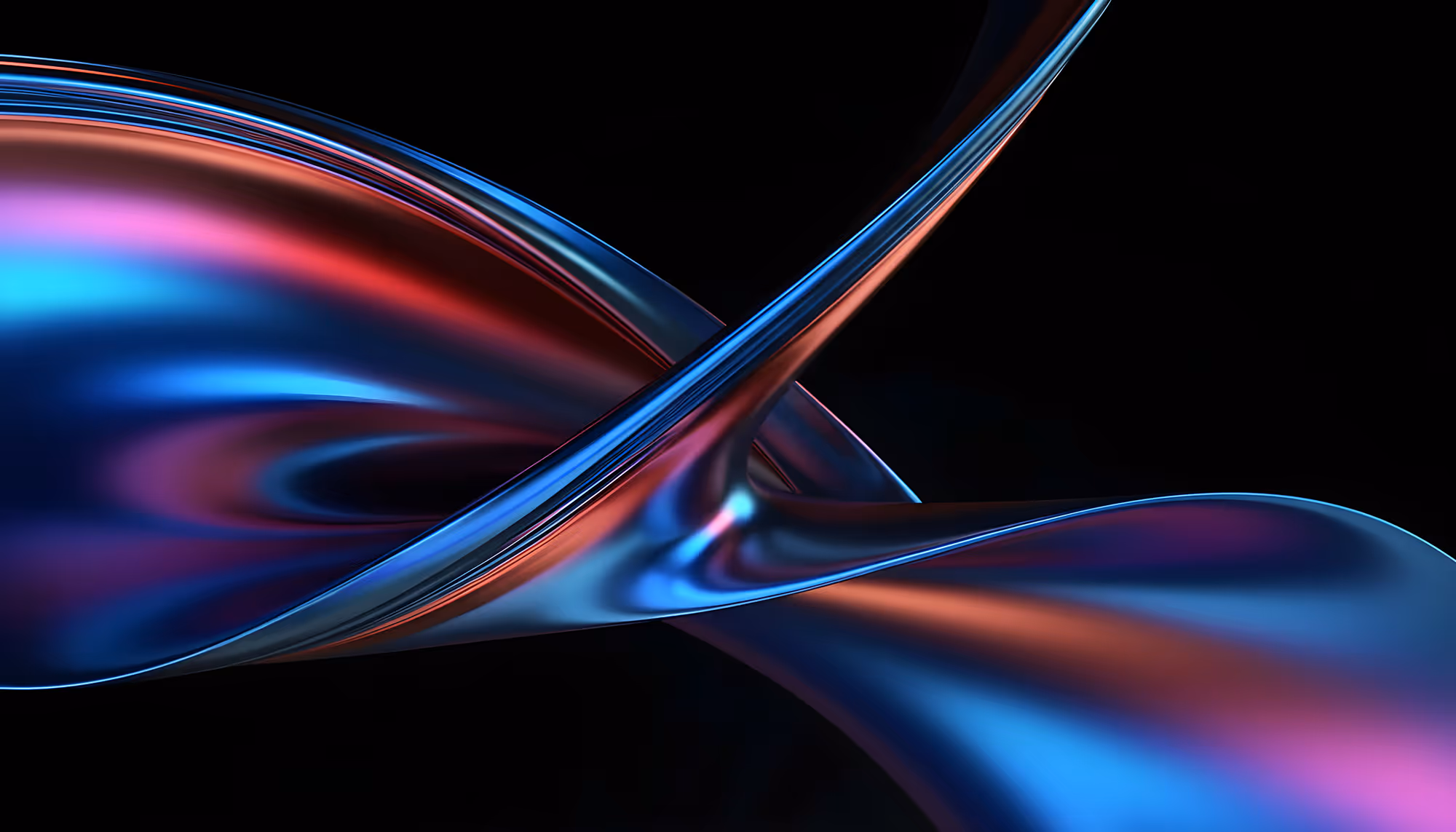 Abstract image featuring fluid, intertwining ribbons in metallic blue and red hues, set against a black background, conveying a dynamic and futuristic feel.