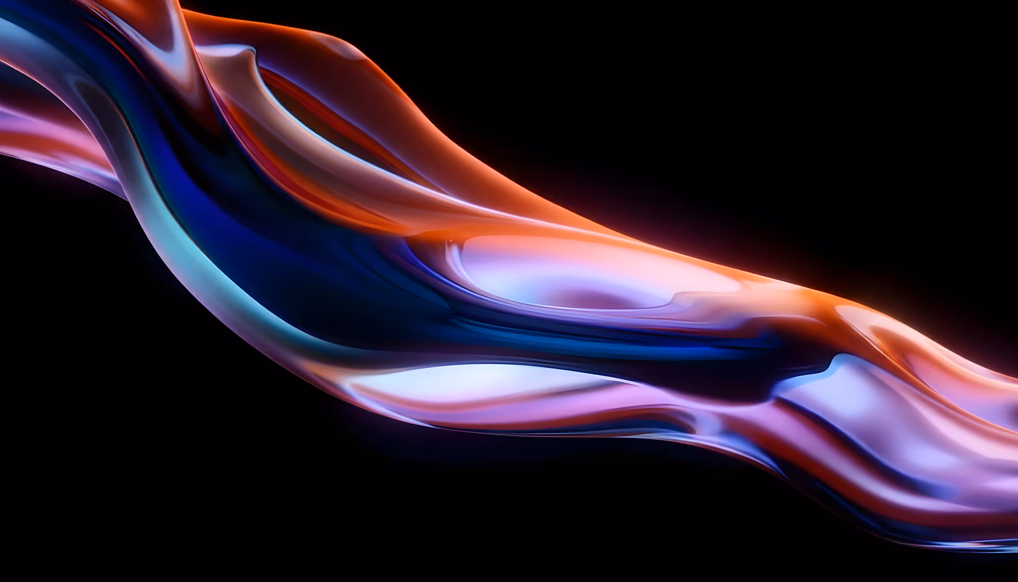 Abstract digital artwork featuring smooth, flowing ribbons of vibrant blue, pink, and orange hues on a black background, creating a sense of movement and fluidity.