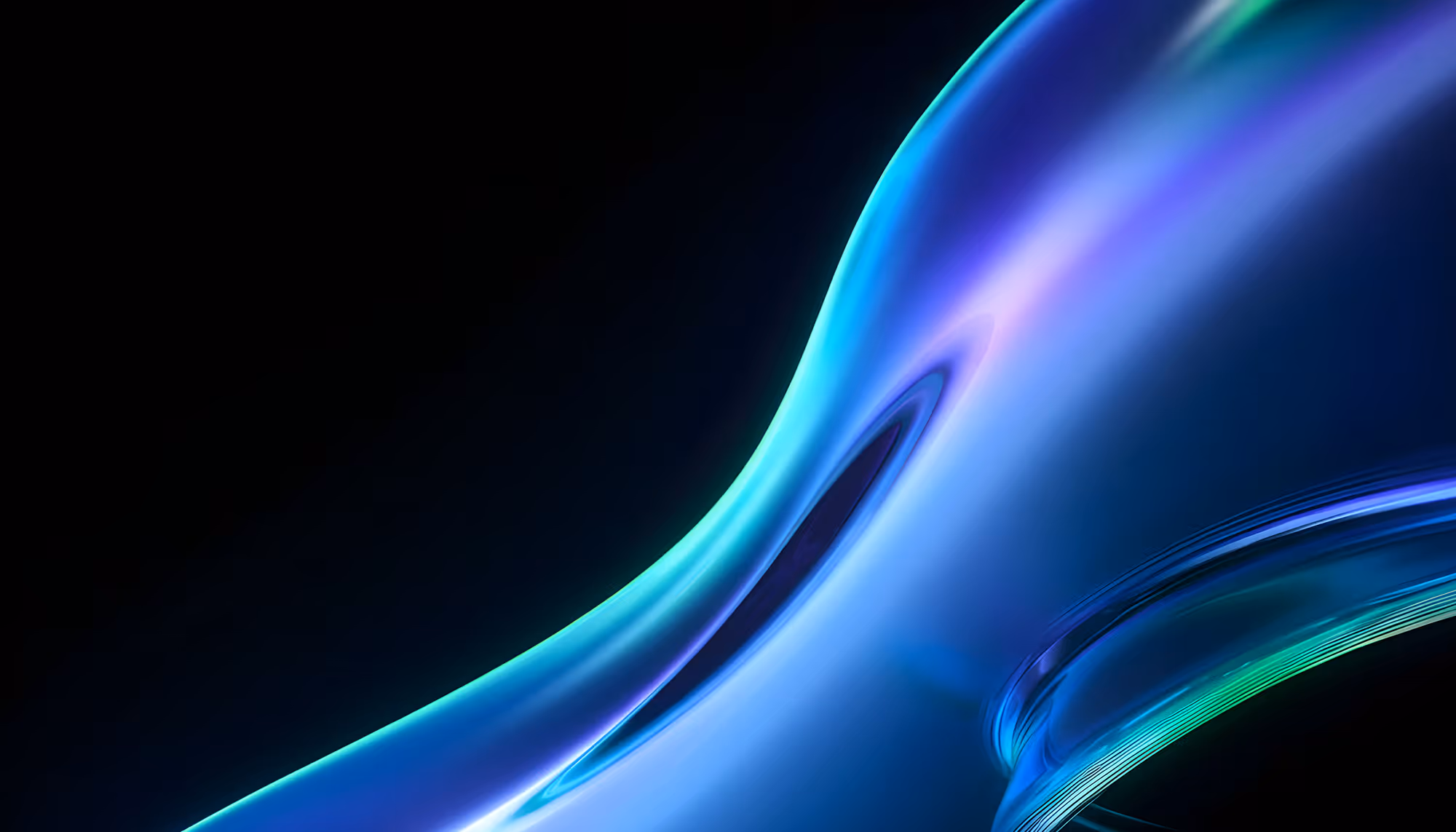 Abstract image with smooth curves in vibrant blue and purple gradients against a black background, conveying a futuristic and dynamic feel.
