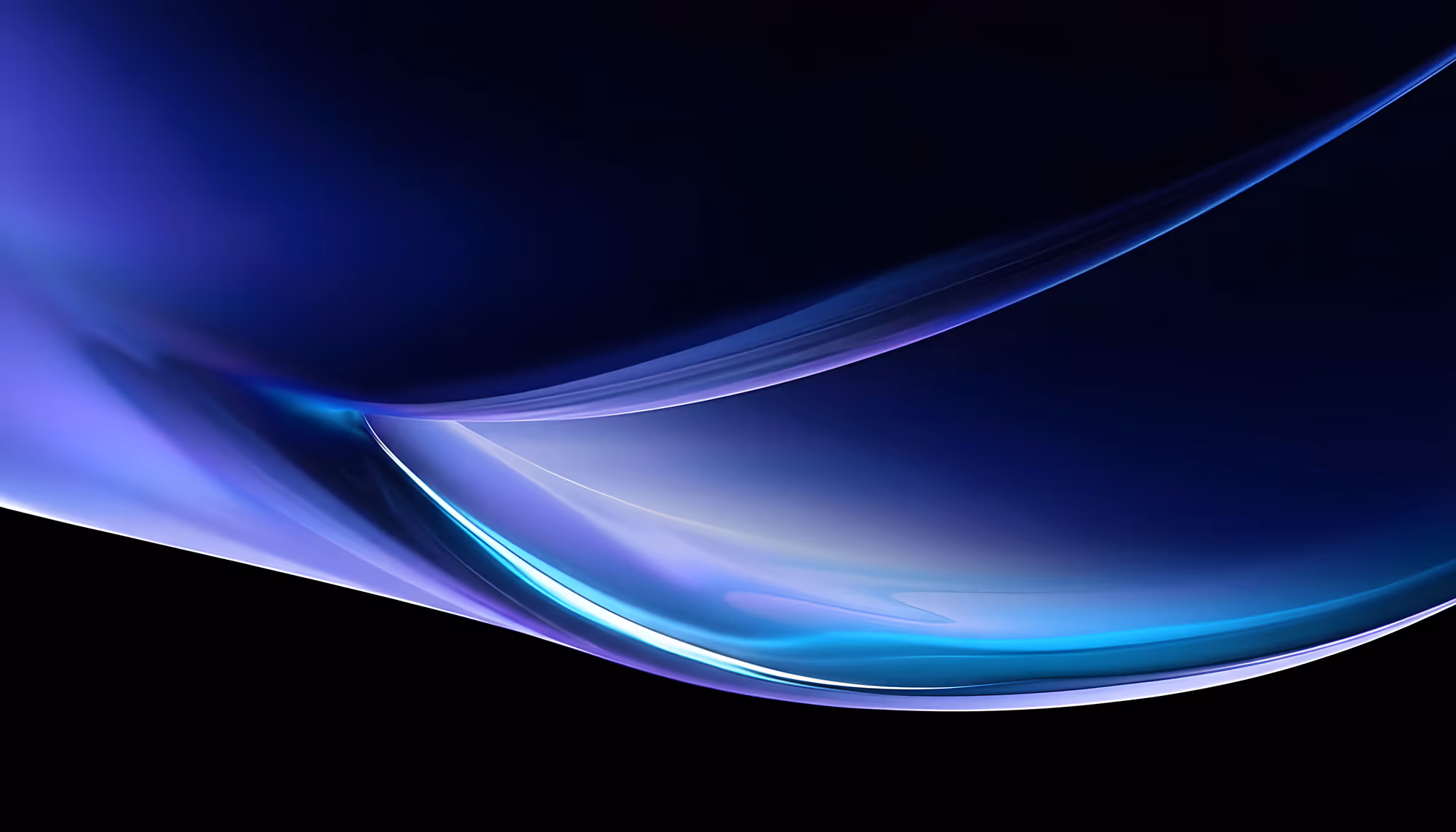Abstract image featuring smooth, flowing waves of blue and purple hues on a black background, creating a serene and futuristic visual effect.
