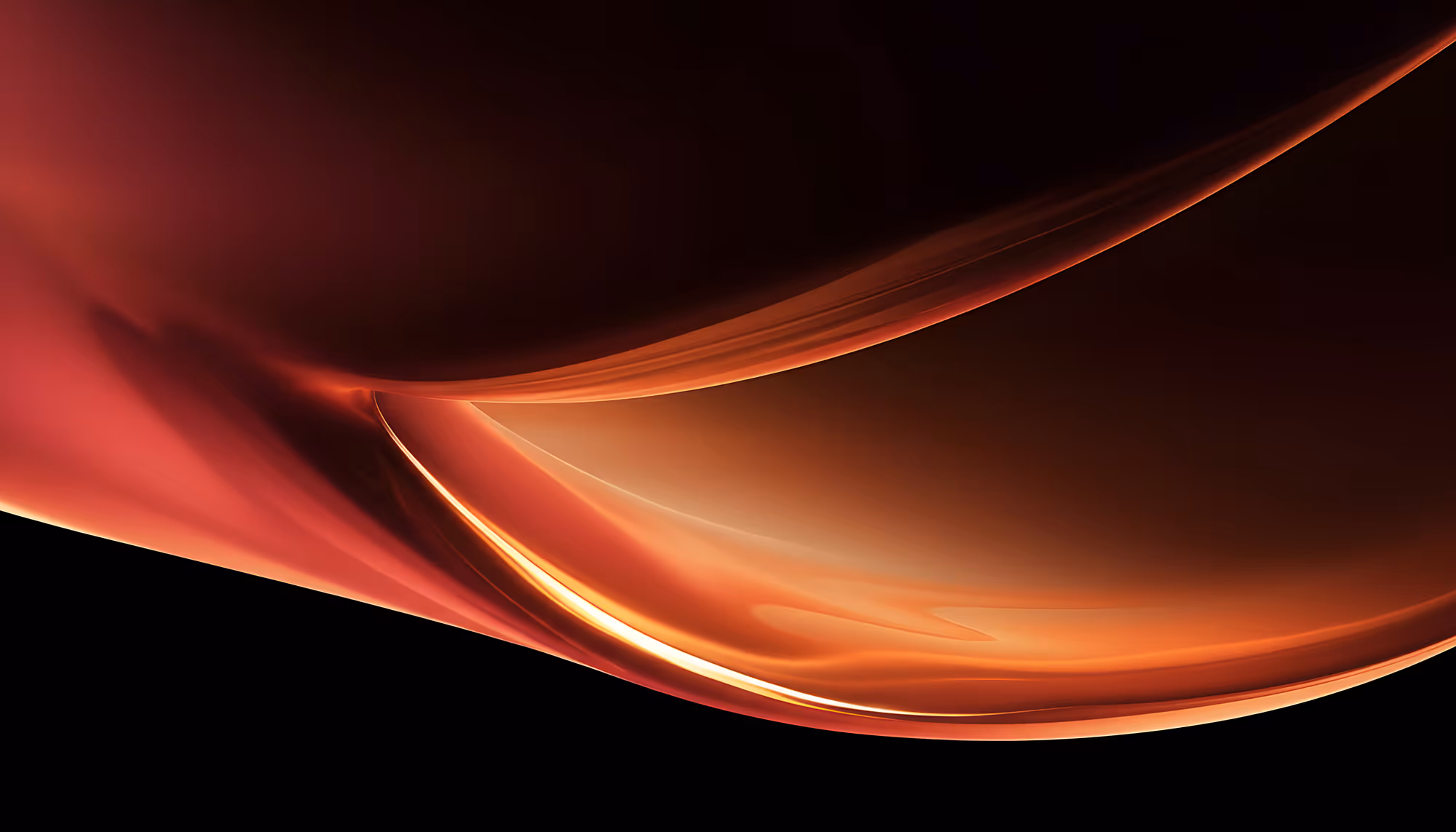 Abstract image with smooth, flowing curves in warm shades of red and orange against a deep black background, evoking a serene and dynamic feeling.