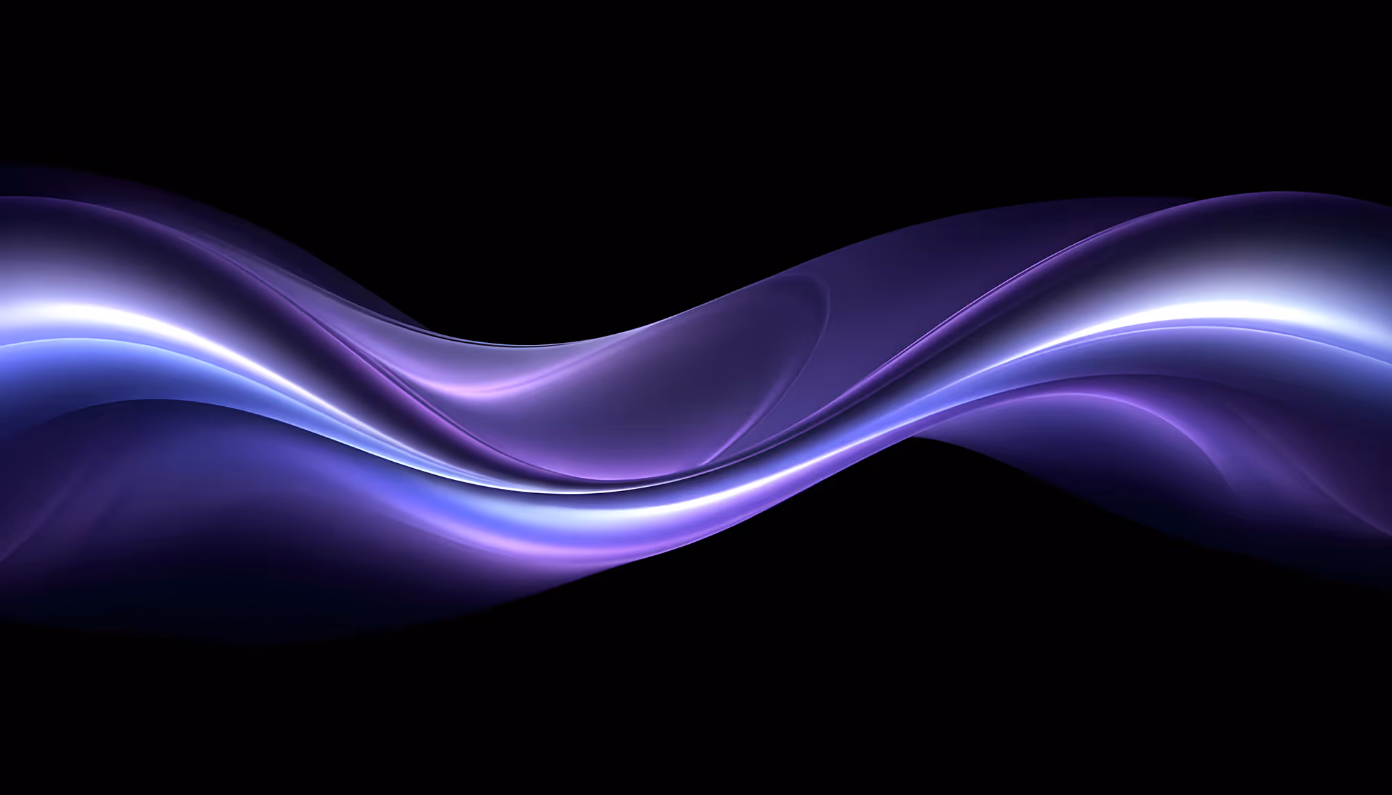 A flowing, abstract wave of purple and blue light curves gracefully across a black background, conveying a sense of calm and elegance.