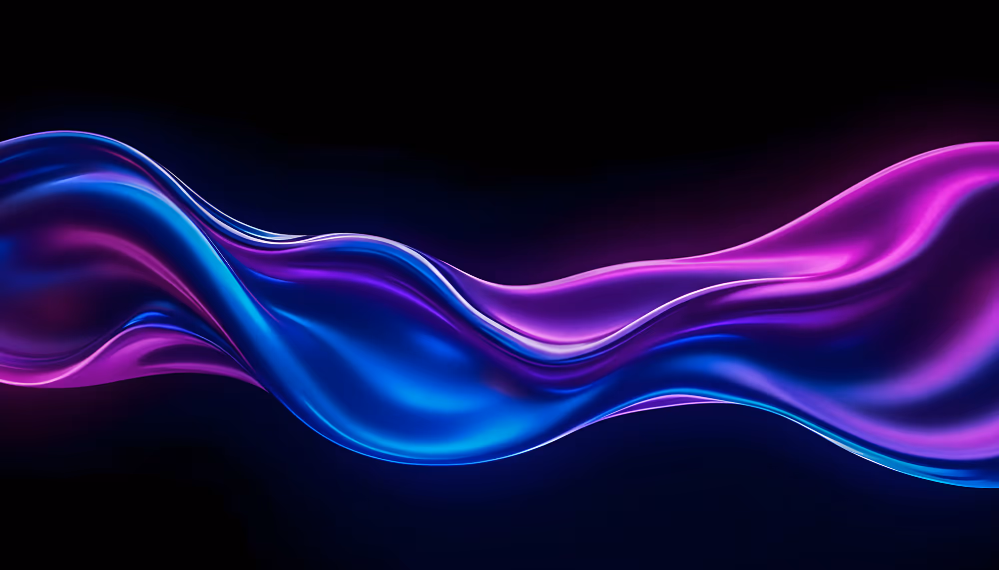 A vibrant wave of smooth, flowing ribbons in neon blue and pink hues, set against a dark background, creates a dynamic, fluid, and futuristic feel.