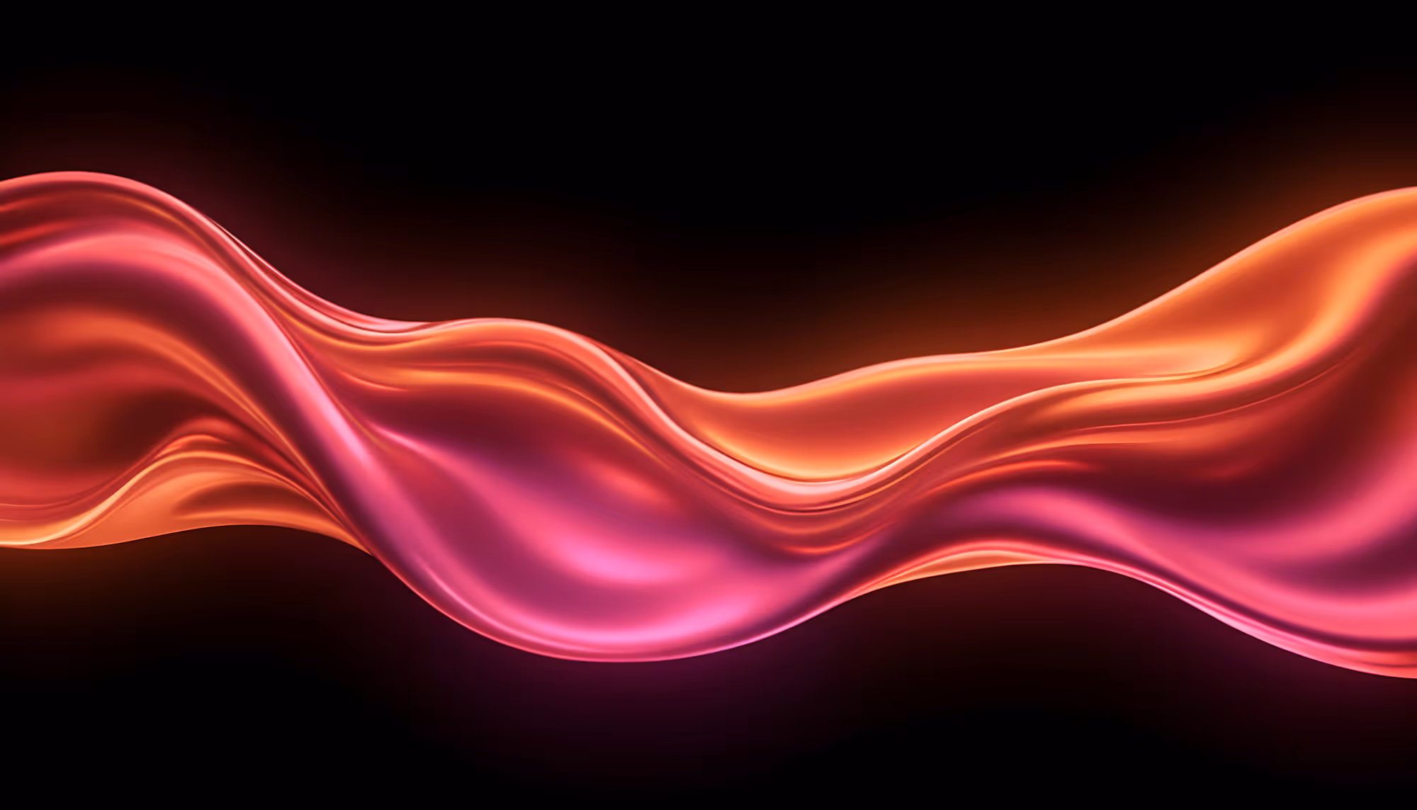 A vibrant, flowing ribbon of pink and orange hues creates a fluid wave against a black background, evoking a sense of motion and energy.