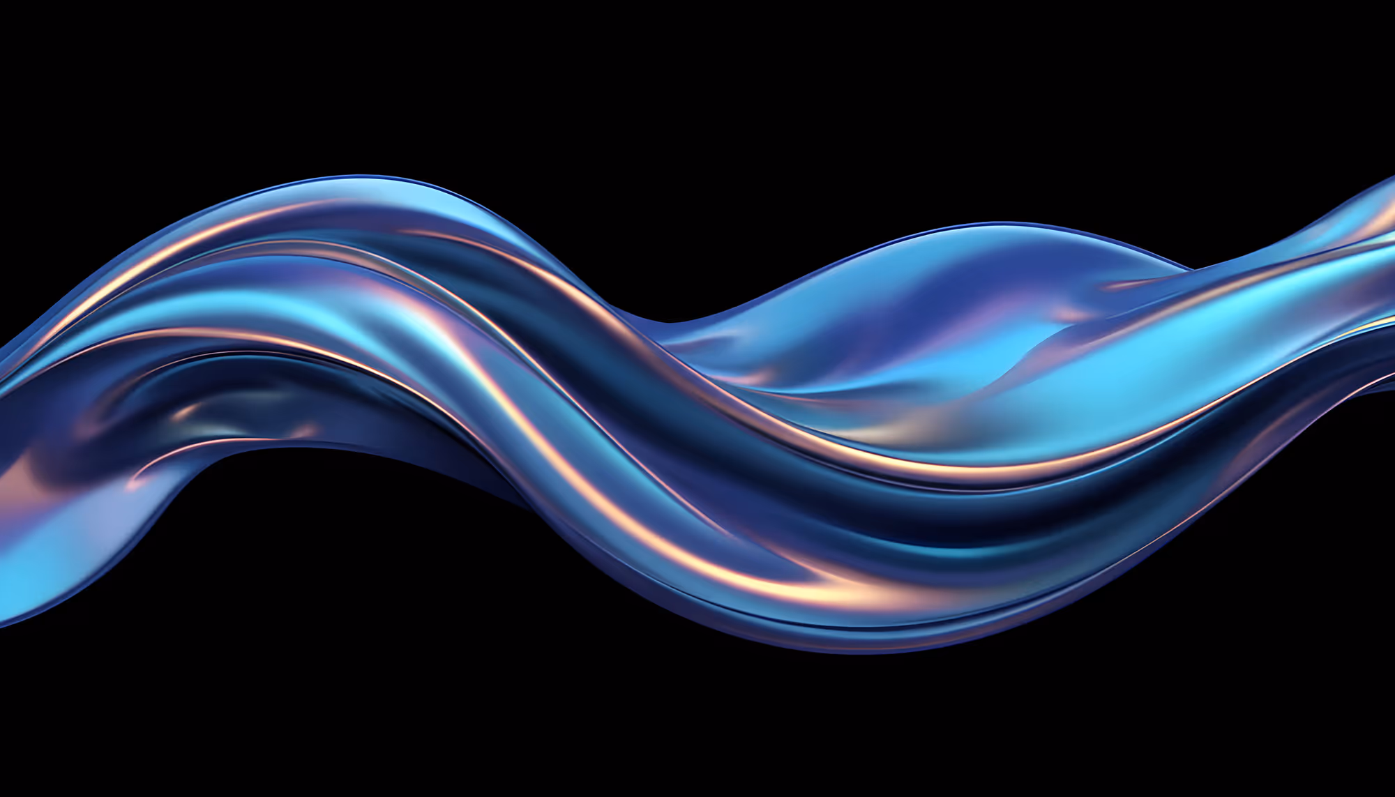 A flowing, metallic blue and purple abstract wave twists elegantly against a black background, conveying a smooth, futuristic, and fluid appearance.