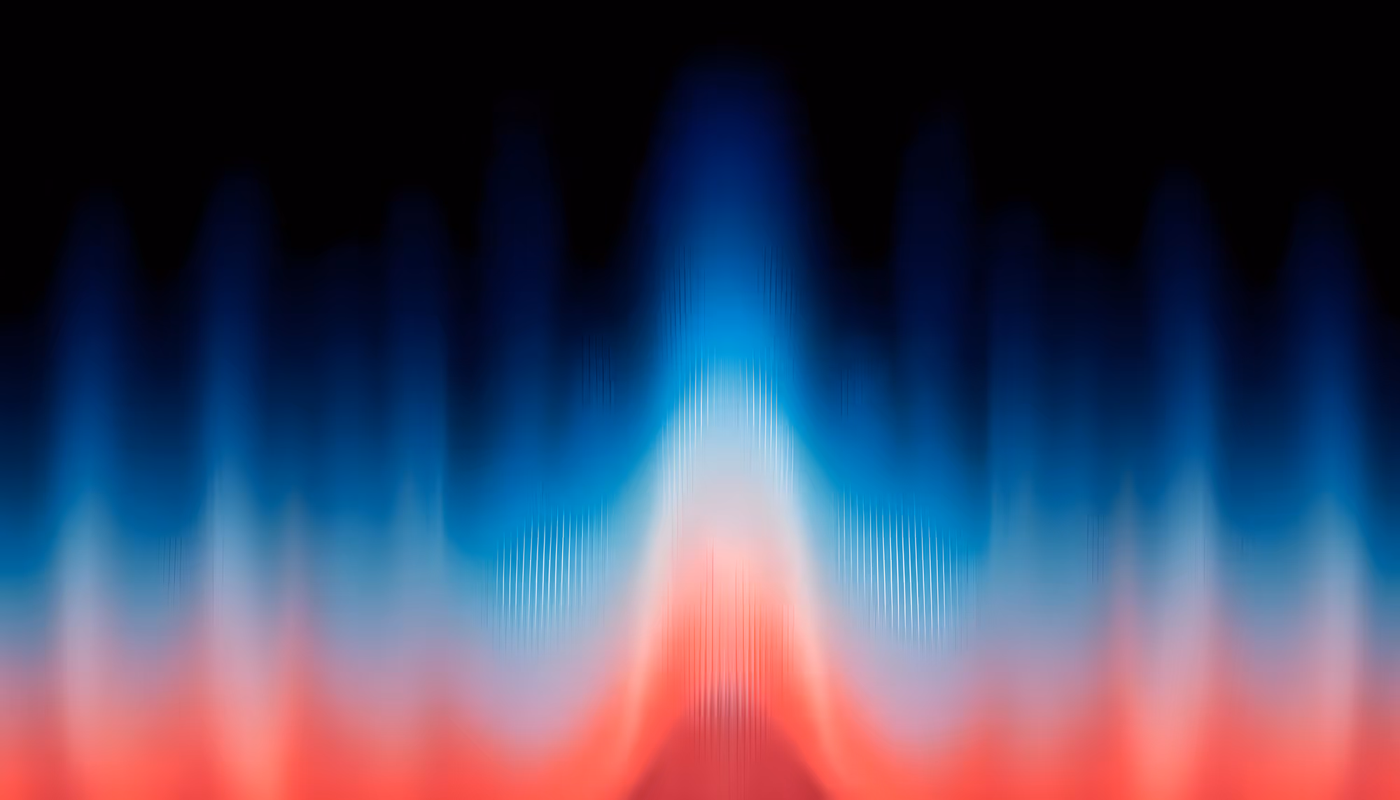 Abstract image featuring vertical blue and red waves on a black background, creating a vibrant and dynamic visual resembling sound waves.