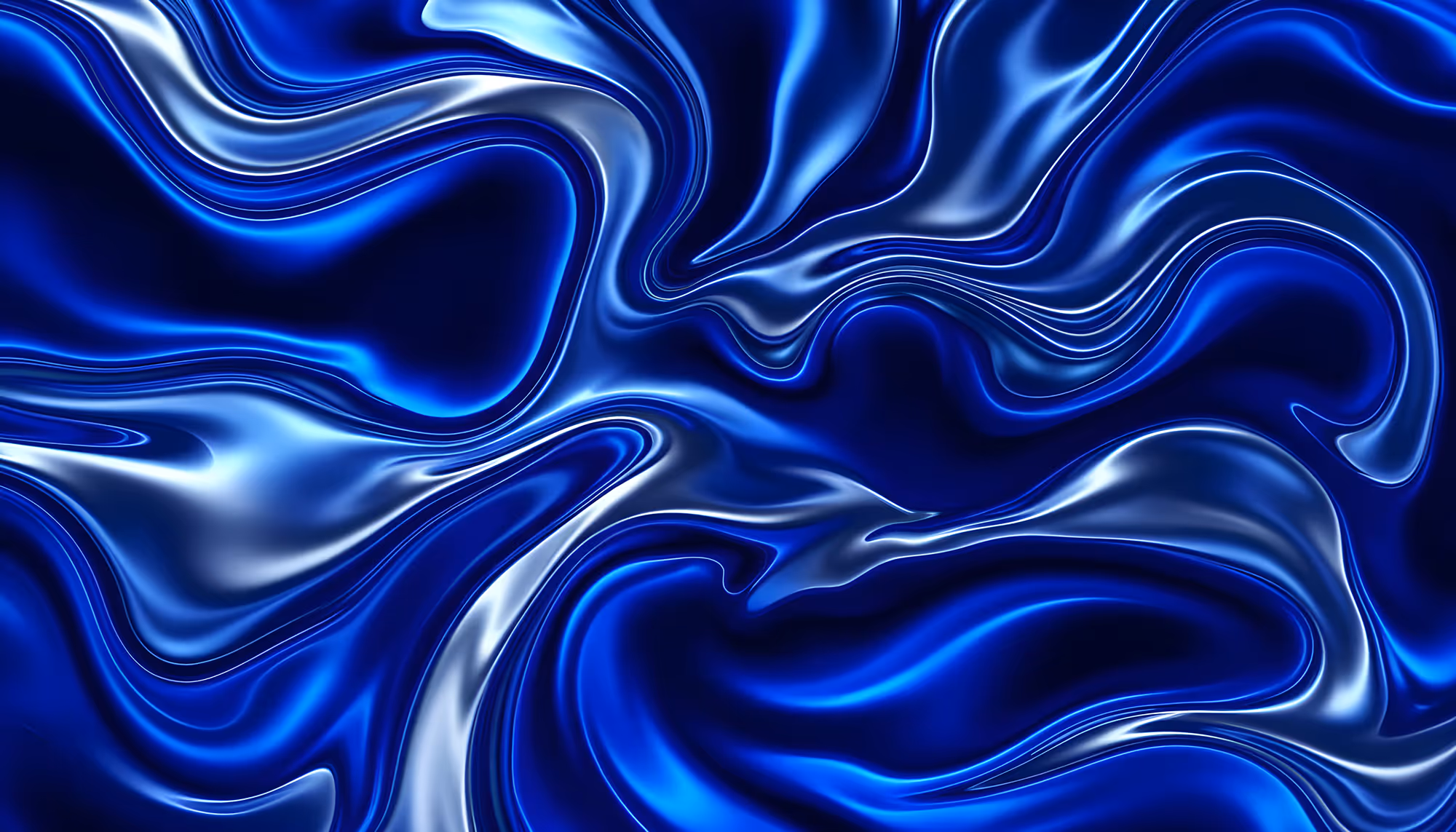 Abstract image of swirling blue and white waves creating a fluid, wavy pattern. The shiny texture and deep hues convey a sense of motion and depth.