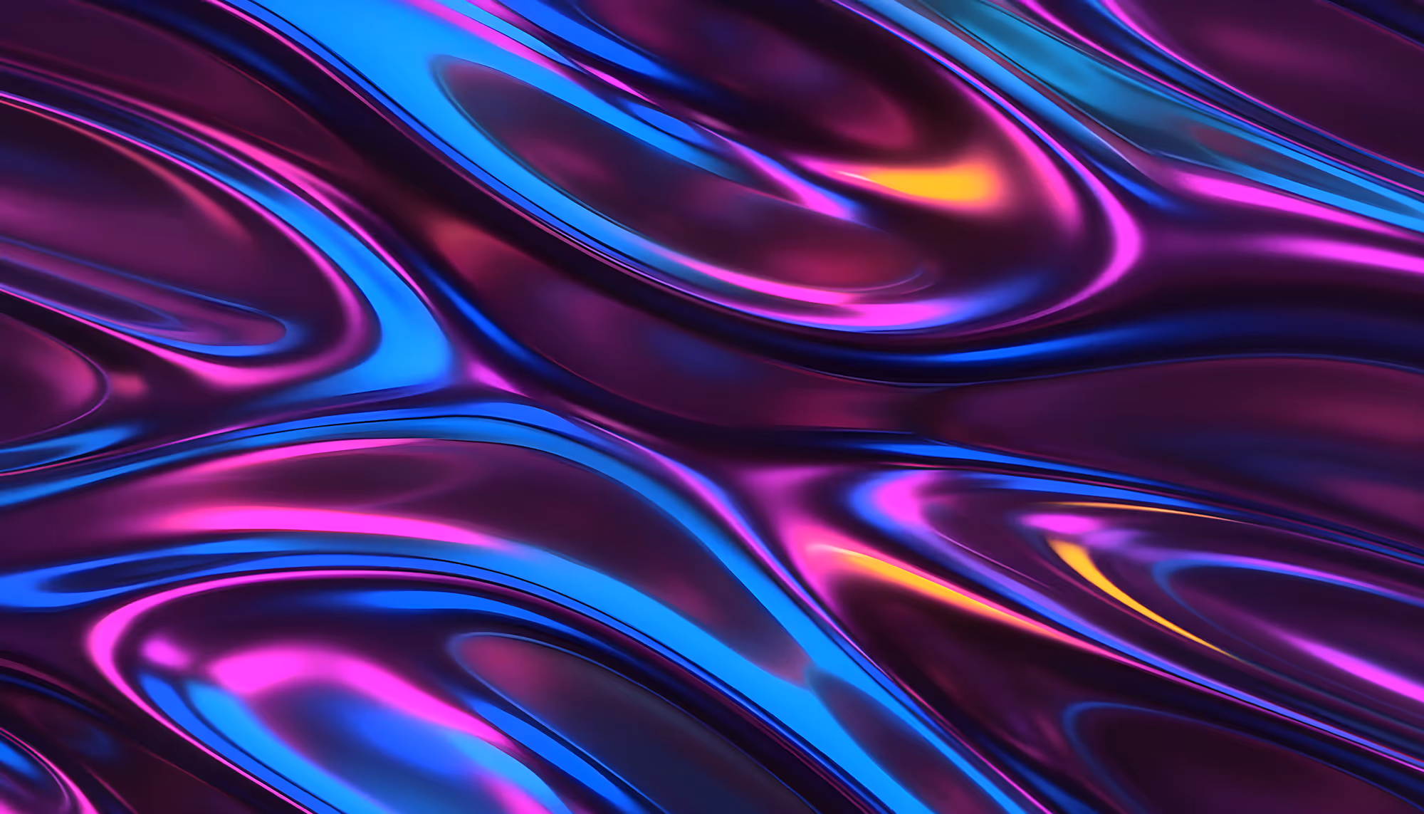 Abstract image with flowing waves of vibrant metallic purple, blue, and hints of yellow, creating a dynamic and futuristic feel.