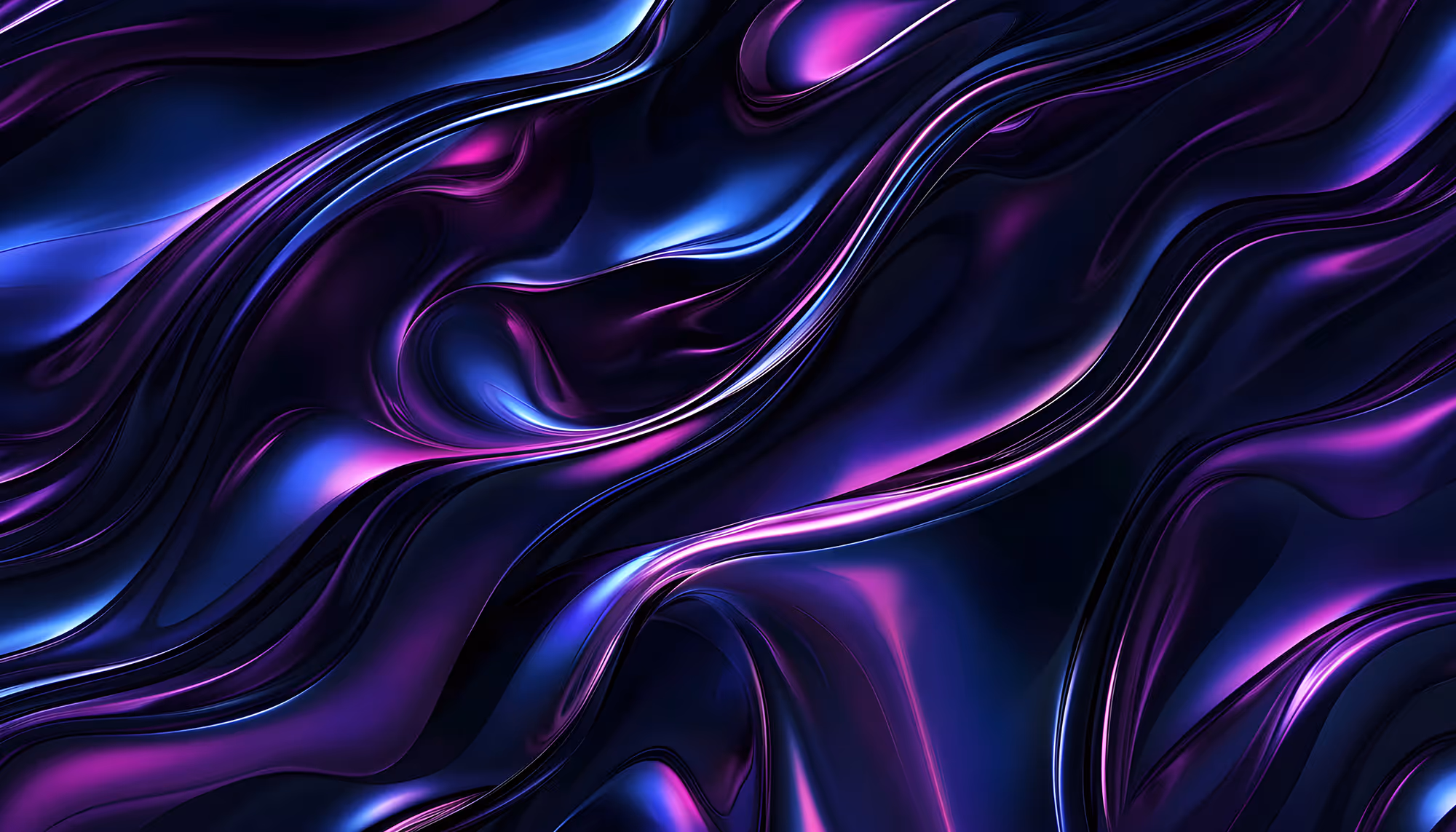 Abstract image with flowing, wavy patterns in vivid blue and purple hues. The smooth, glossy surface creates a sense of fluidity and dynamic motion.