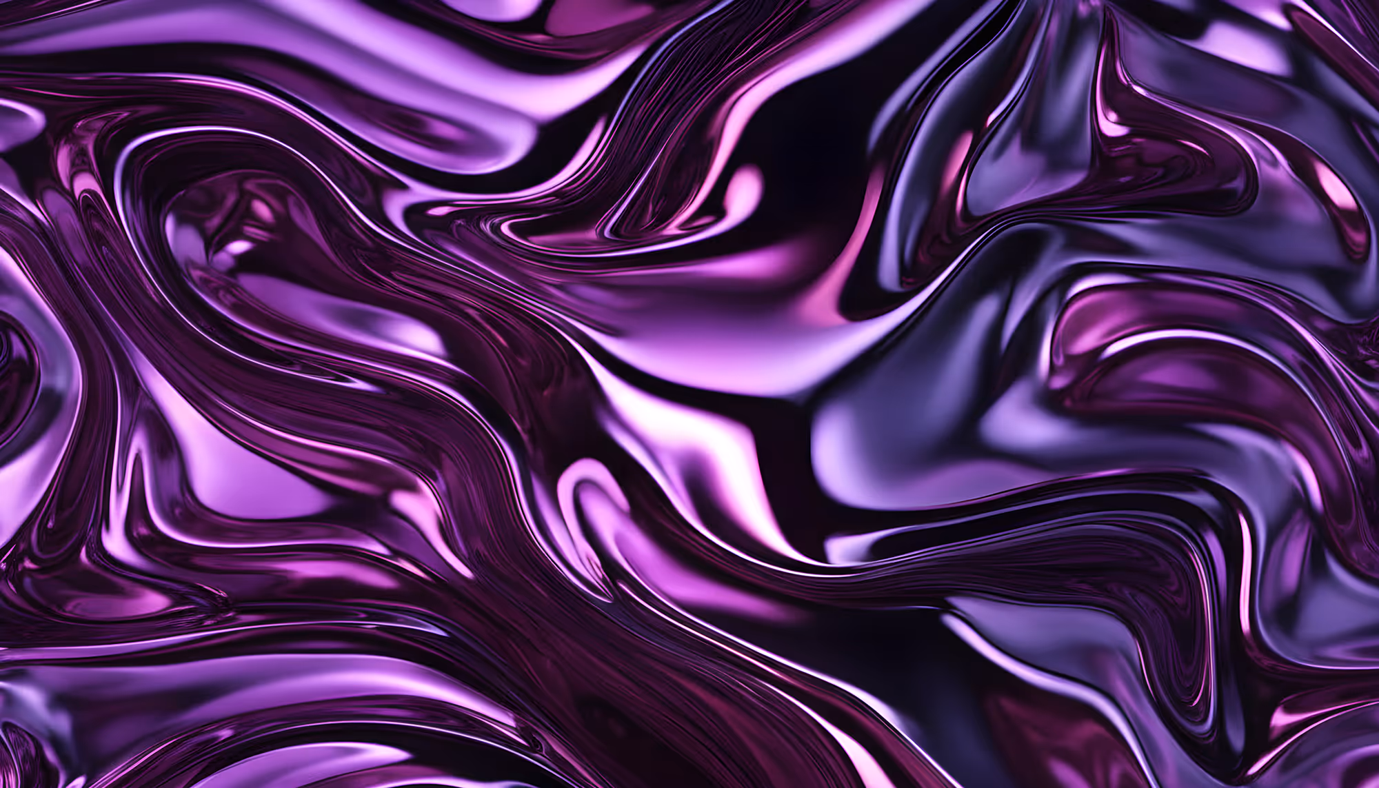Abstract image of smooth, flowing swirls in metallic purple and black hues. The surface appears glossy and fluid, creating a dynamic, hypnotic effect.