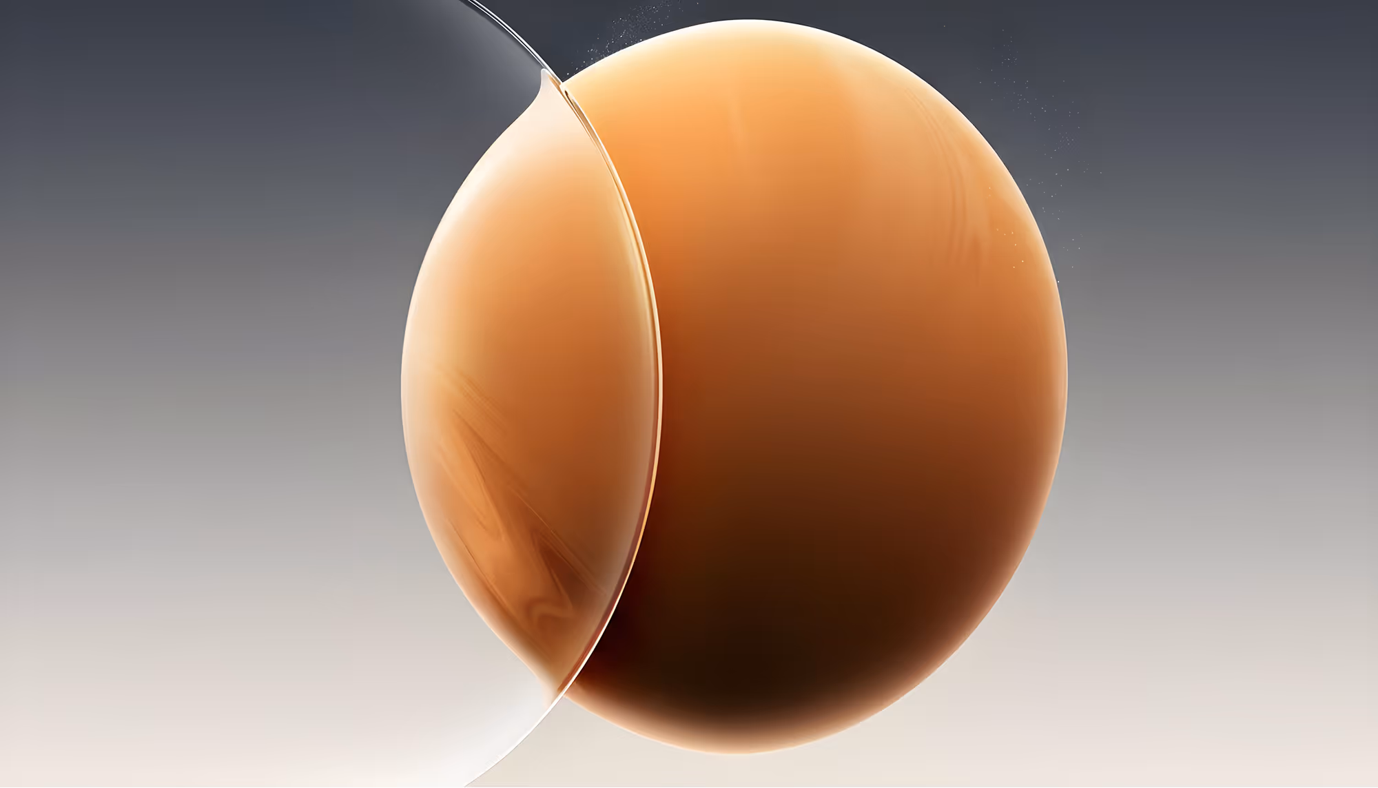 Abstract image featuring a smooth, translucent sphere overlapping a larger, opaque brown sphere. The gradient background transitions from dark to light.