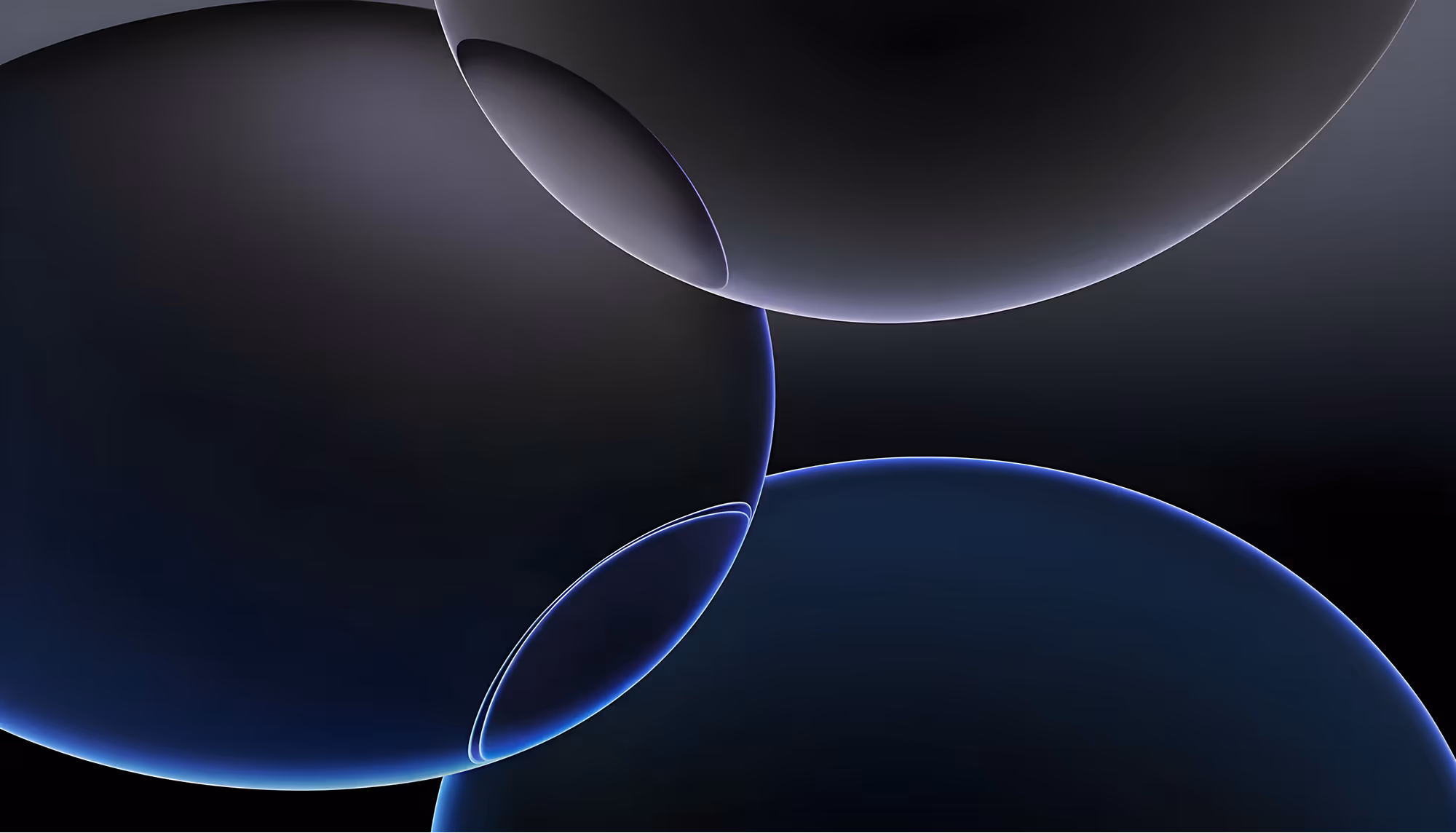 Abstract image of overlapping dark spheres with glowing blue edges on a black background, creating a mysterious and futuristic atmosphere.