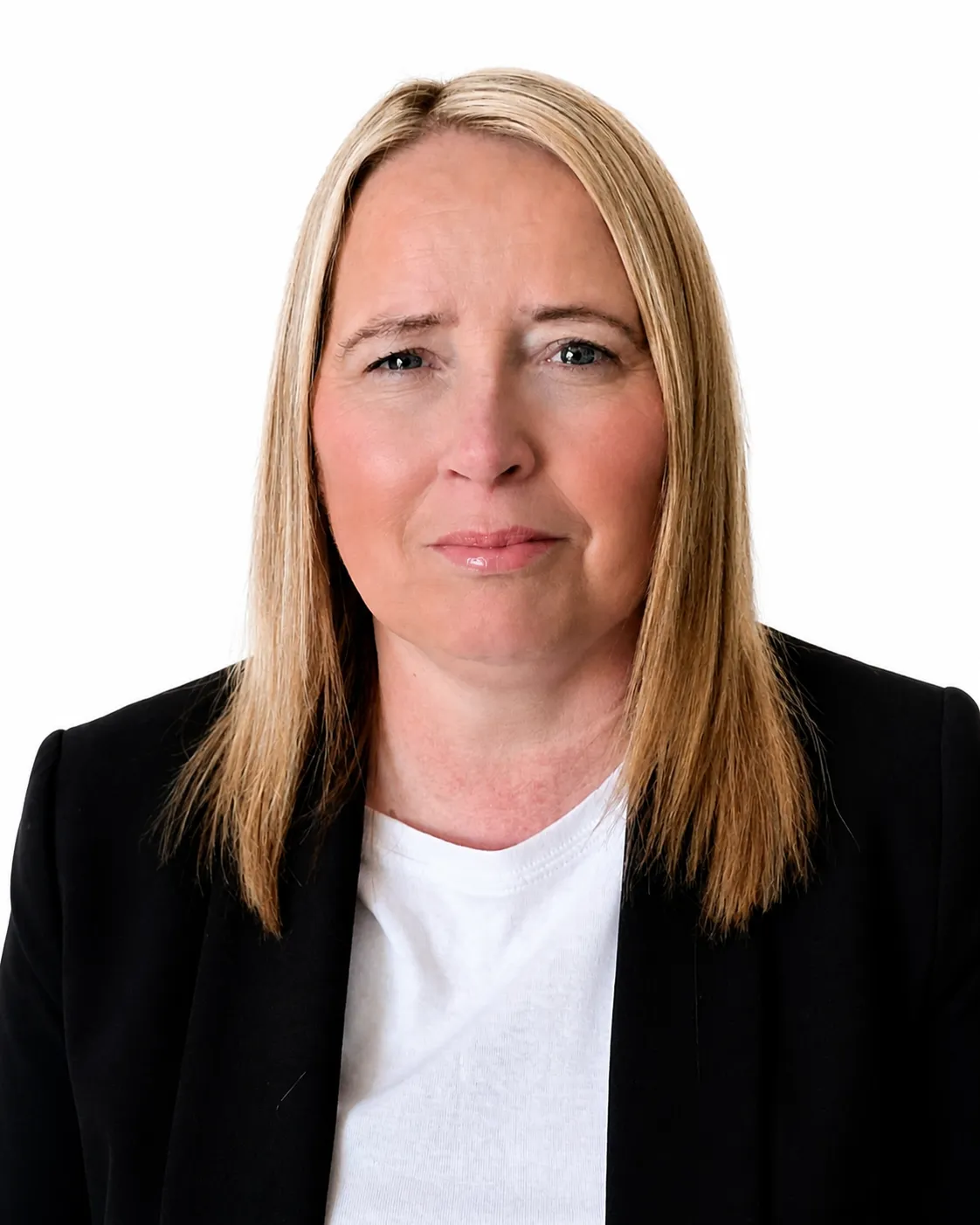 Portrait of a woman with straight blonde hair wearing a black blazer and white shirt, on white background.