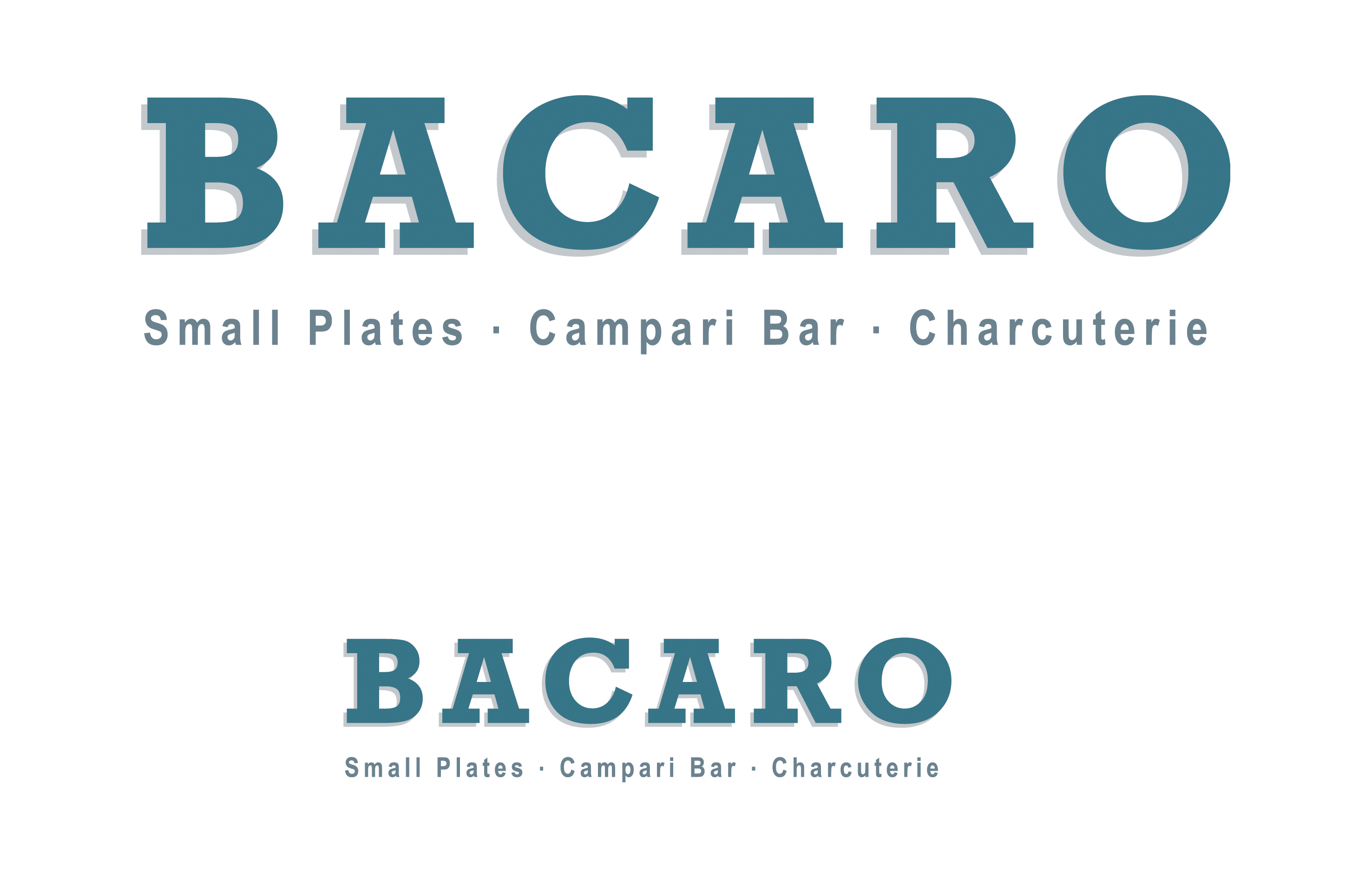 Text logo reading BACARO with the tagline Small Plates · Campari Bar · Charcuterie in blue-gray letters.