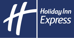 Holiday Inn Express logo with stylized H on navy and white background.